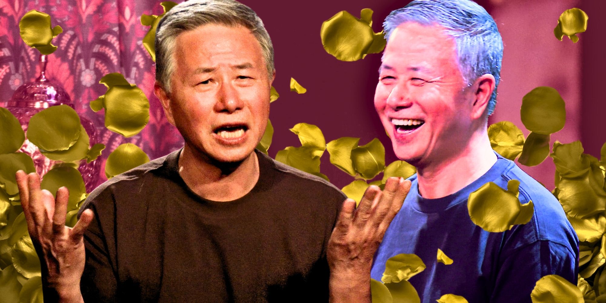 The Golden Bachelorette's Charles Ling looks upset and happy in a montage image, with golden rose pedals falling around him.