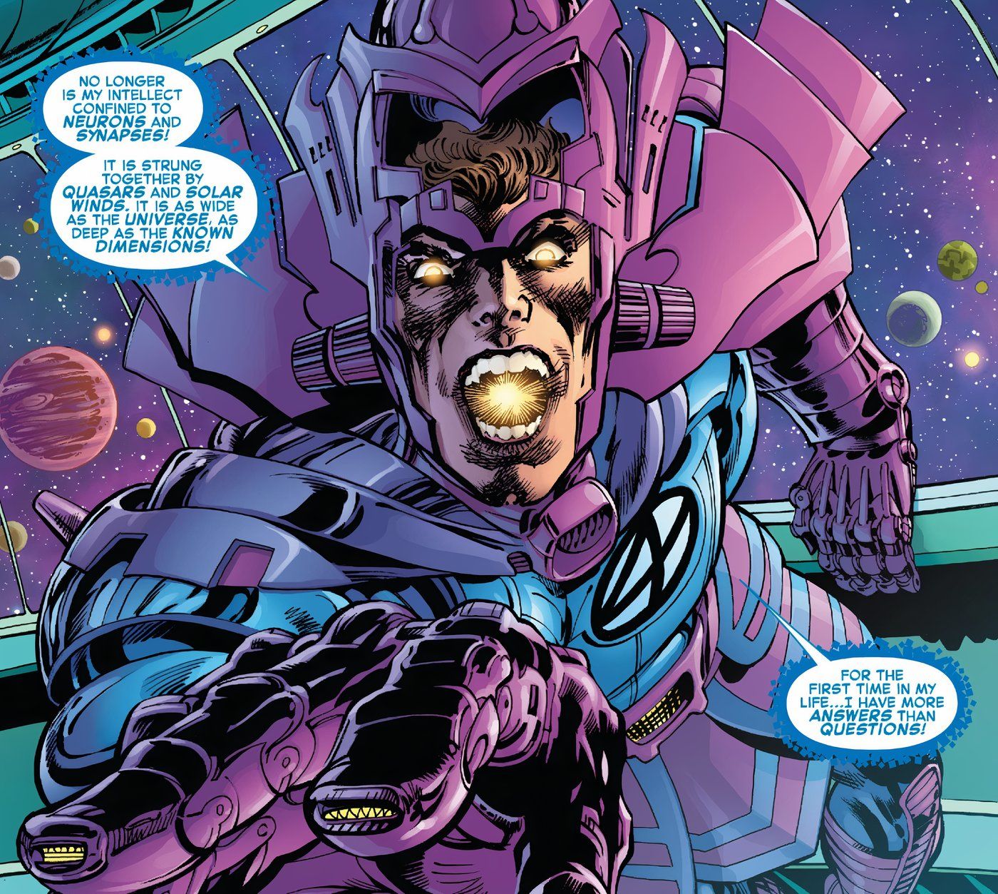 Comic book panel: Reed Richards takes the powers of Galactus for himself and shares that he now has universal levels of intelligence.