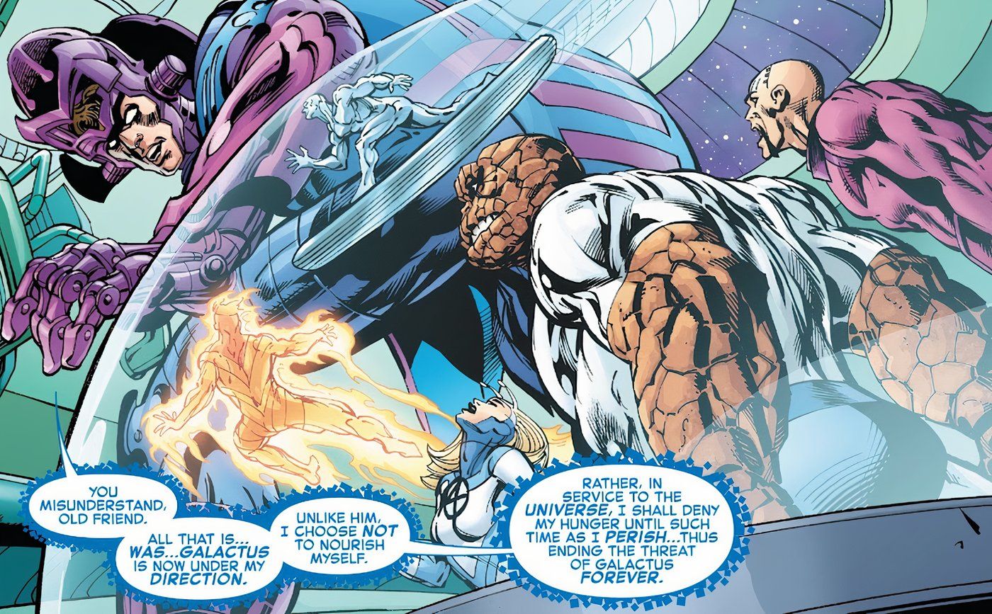 Comic book panel: Reed Richards reveals that, because Galactus is now under his direction, he is choosing not to devour planets and will instead let himself starve to "end the threat of Galactus forever."