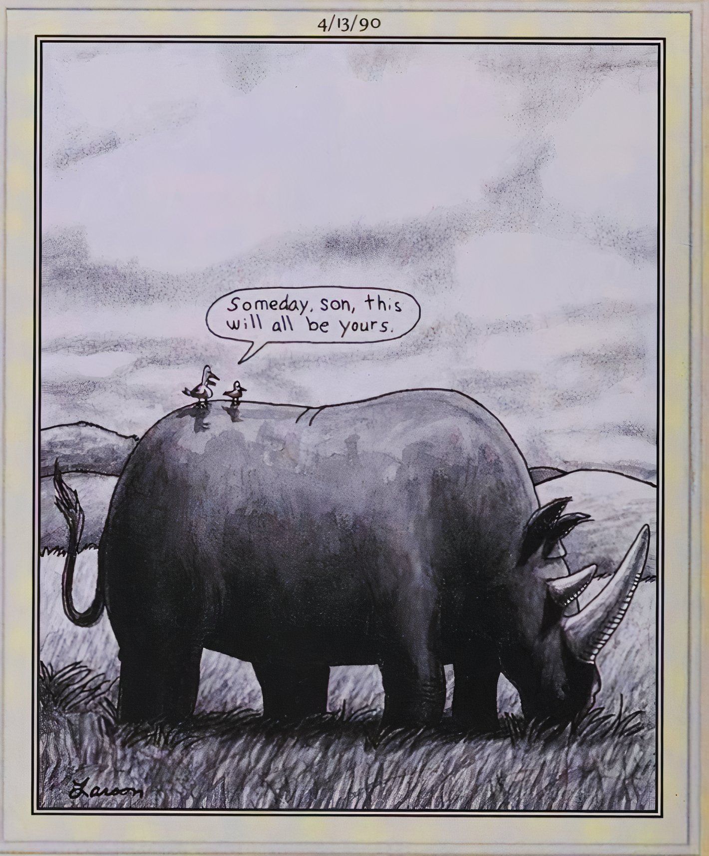 Far Side, April 13, 1990, two birds on the back of rhinosaurus survey their surroundings