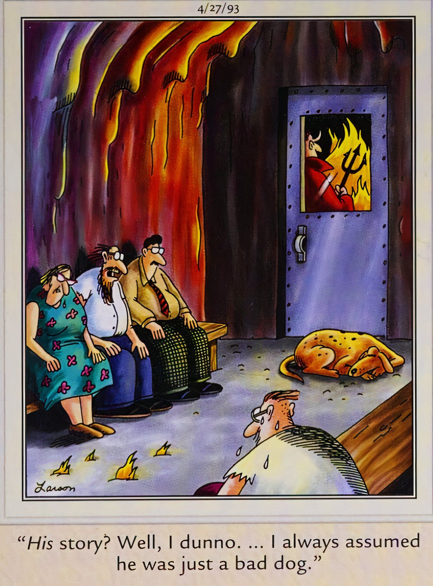 Far Side, April 27, 1993, a dog curled up in hell's waiting room