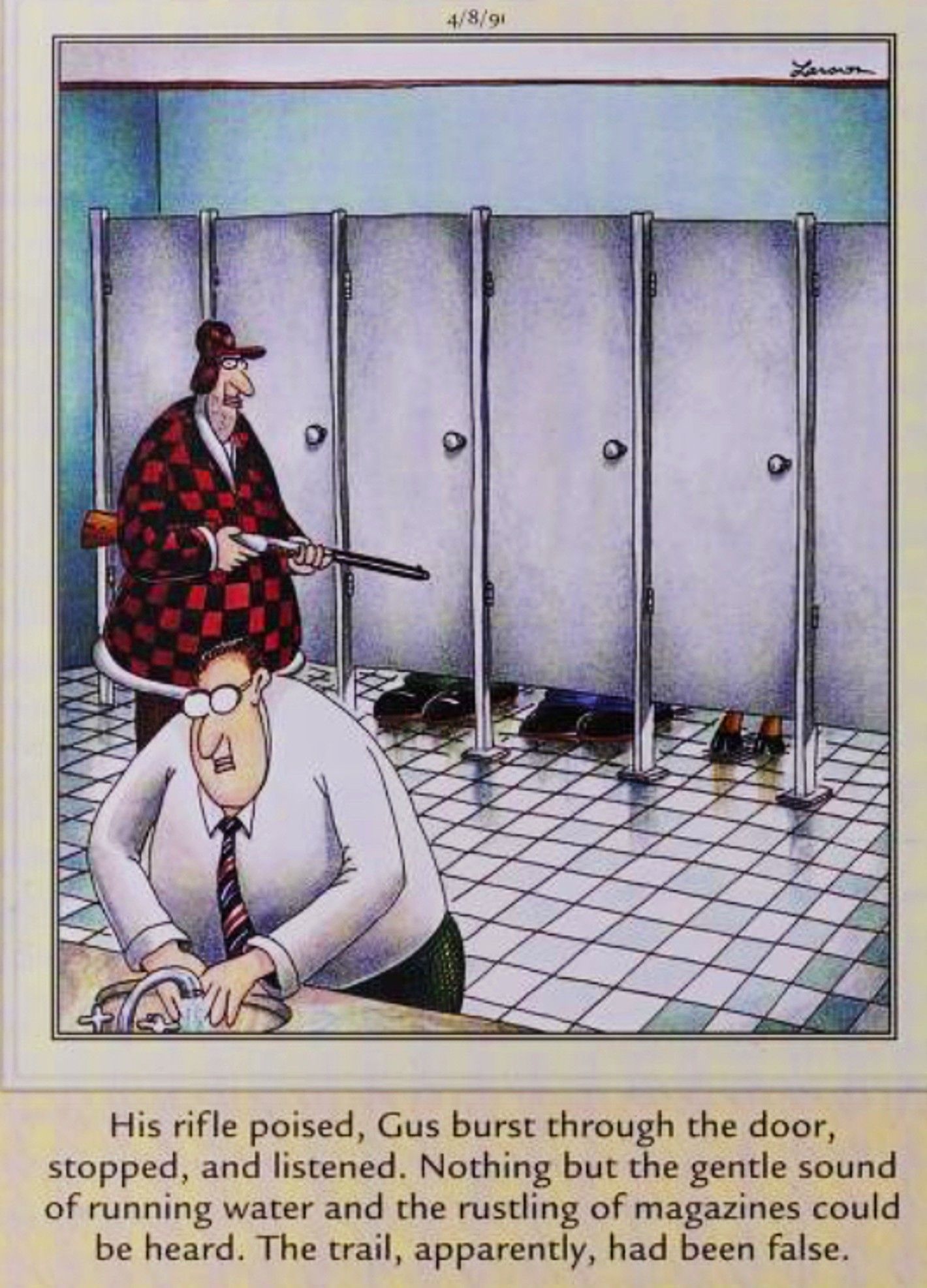 Far Side, April 8, 1991, a hunter chases his prey into a public restroom and loses the trail