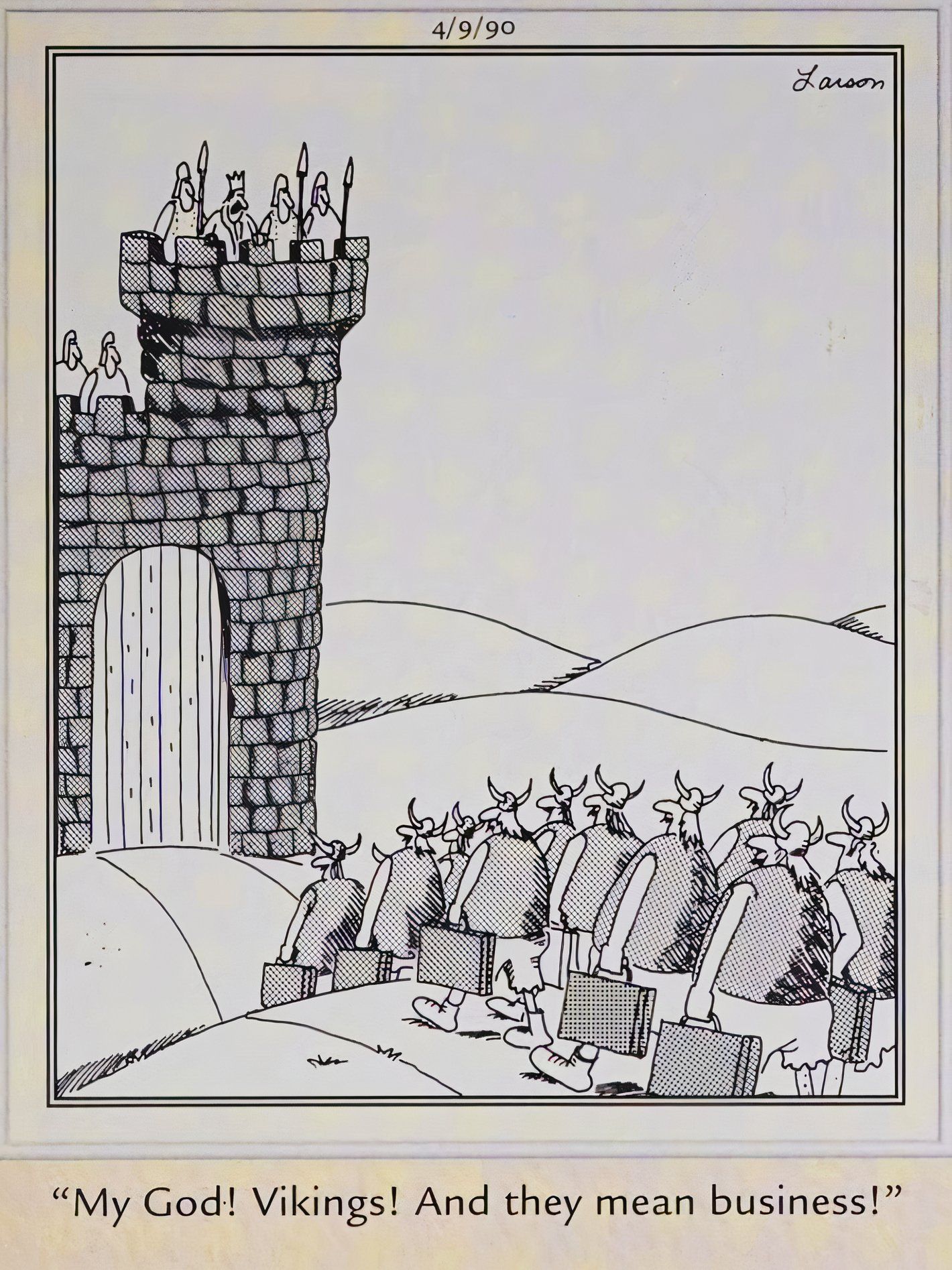 Far Side, 9 de abril de 1990, Vikings carregando pastas se aproximam de um castelo fortificado