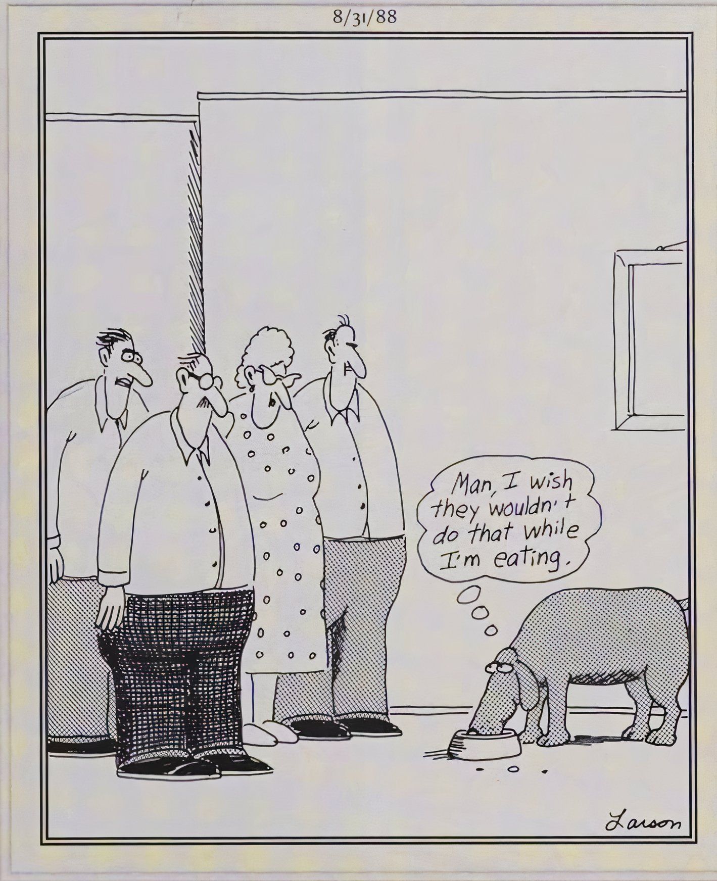 Far Side, August 31, 1988, a dog wishes humans would stop watching it eat