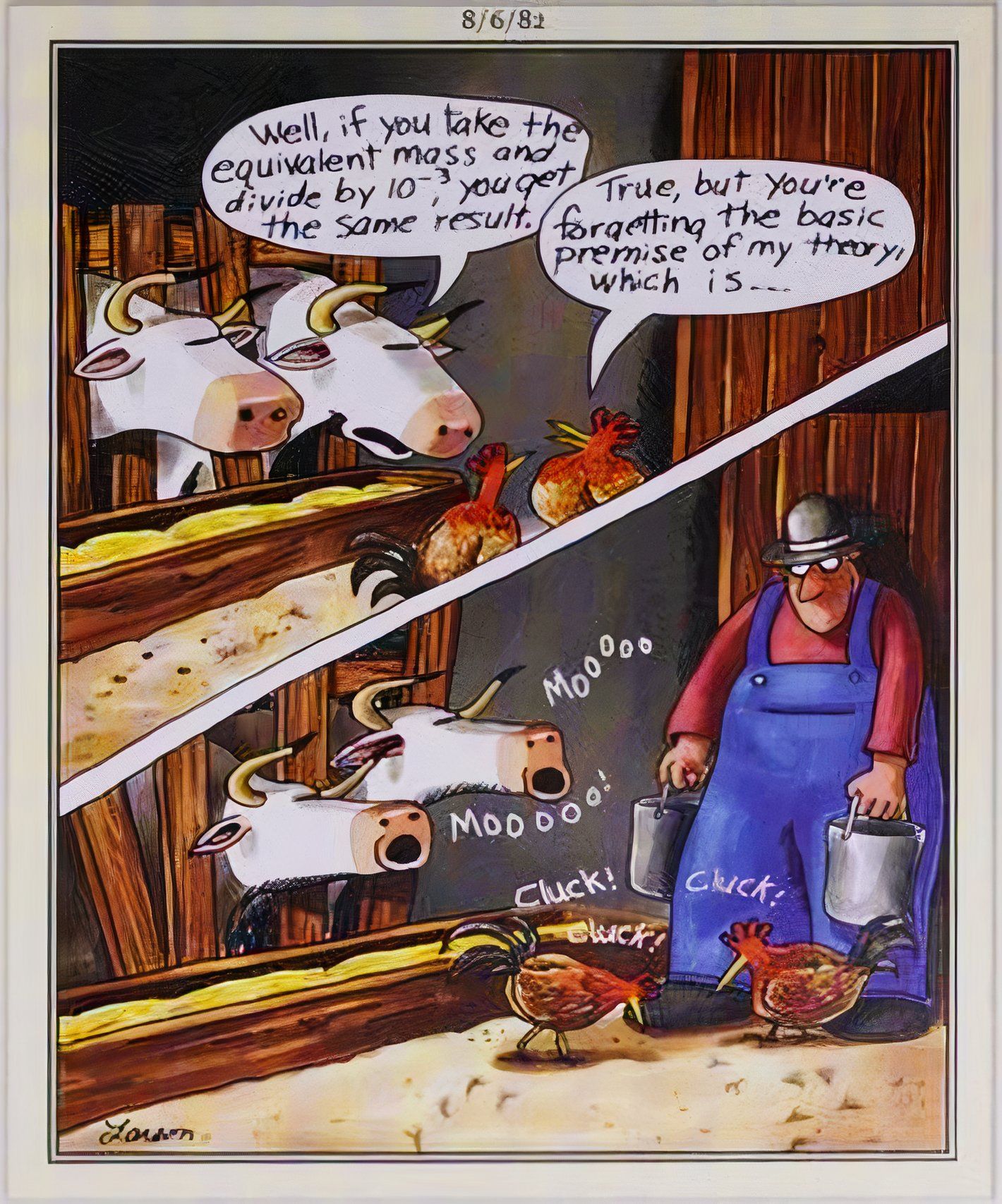 Far Side, August 6, 1982, cows and chickens discusing a scientific formula make animal noises when the farmer enters the barn