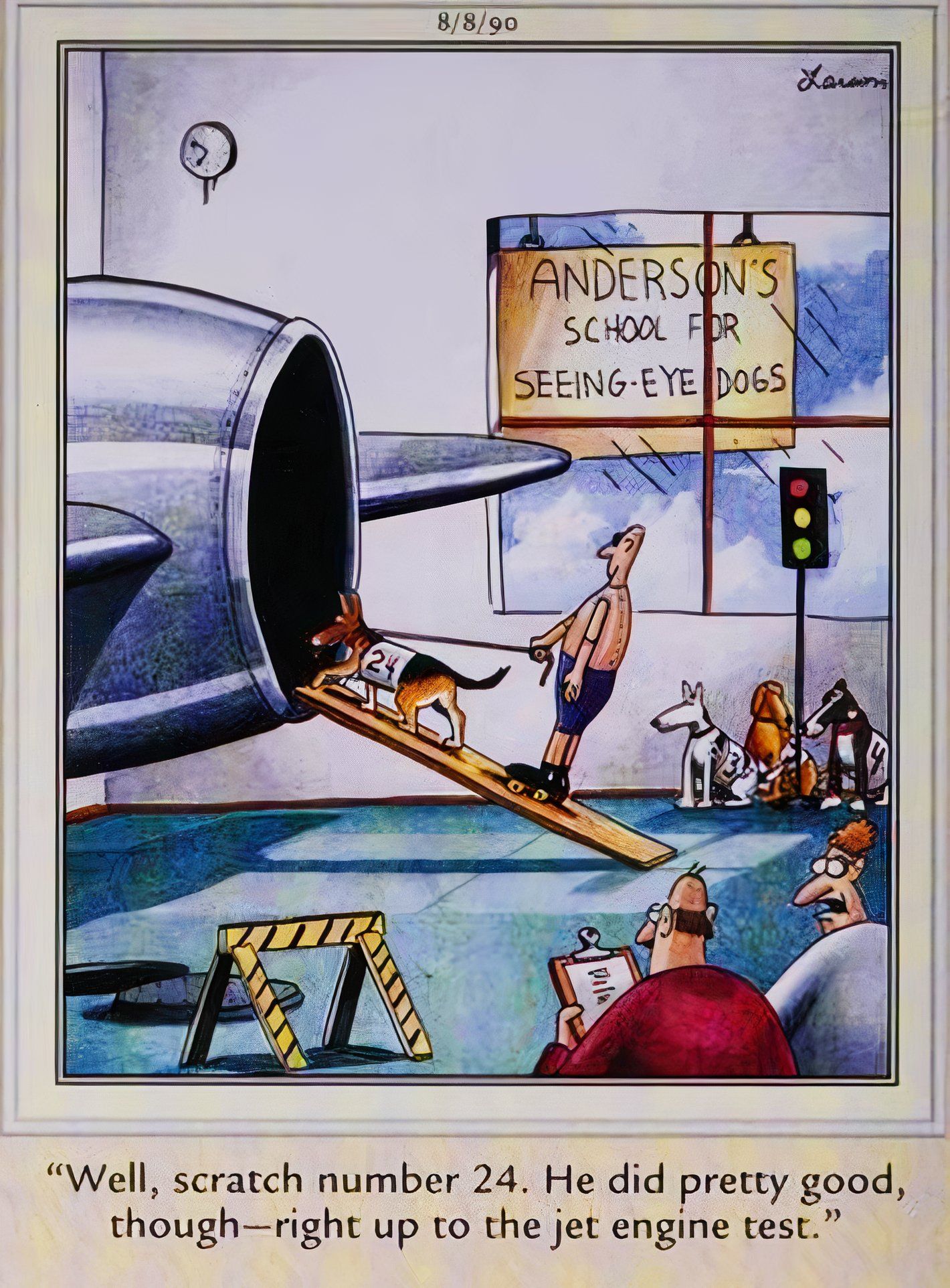 Far Side, August 8, 1990, a seeing-eye-dog in training fails its biggest test