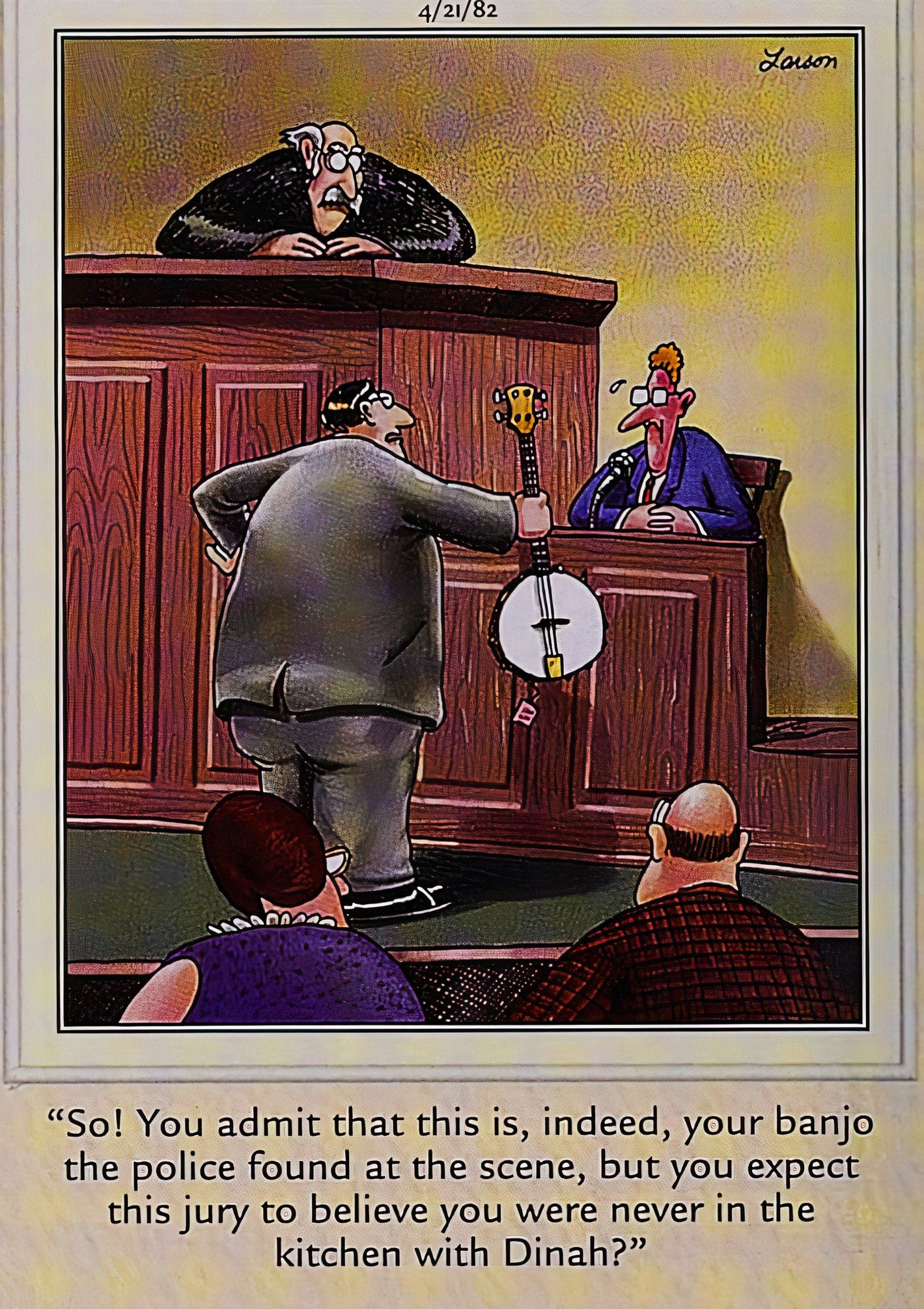 Far Side, tocador de banjo no depoimento em uma sala de tribunal