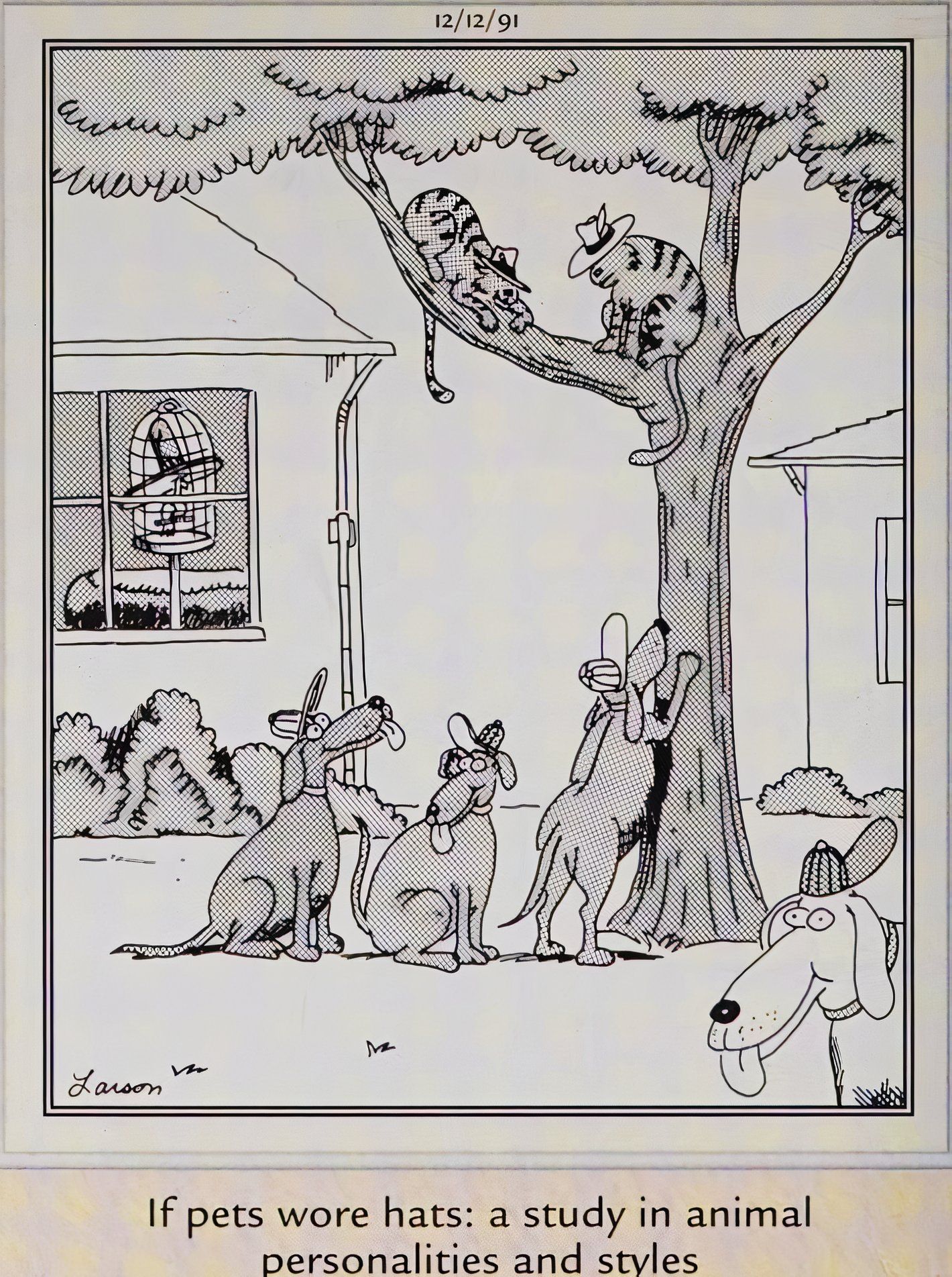 Far Side, December 13, 1991, dogs and other pets wearing hats