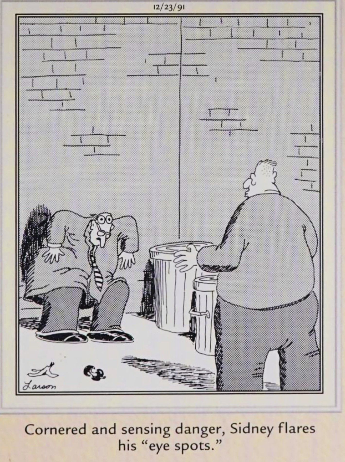 Far Side, December 23, 1991, a man cornered in an alley way uses his 'eye spots' to scare off an aggressor