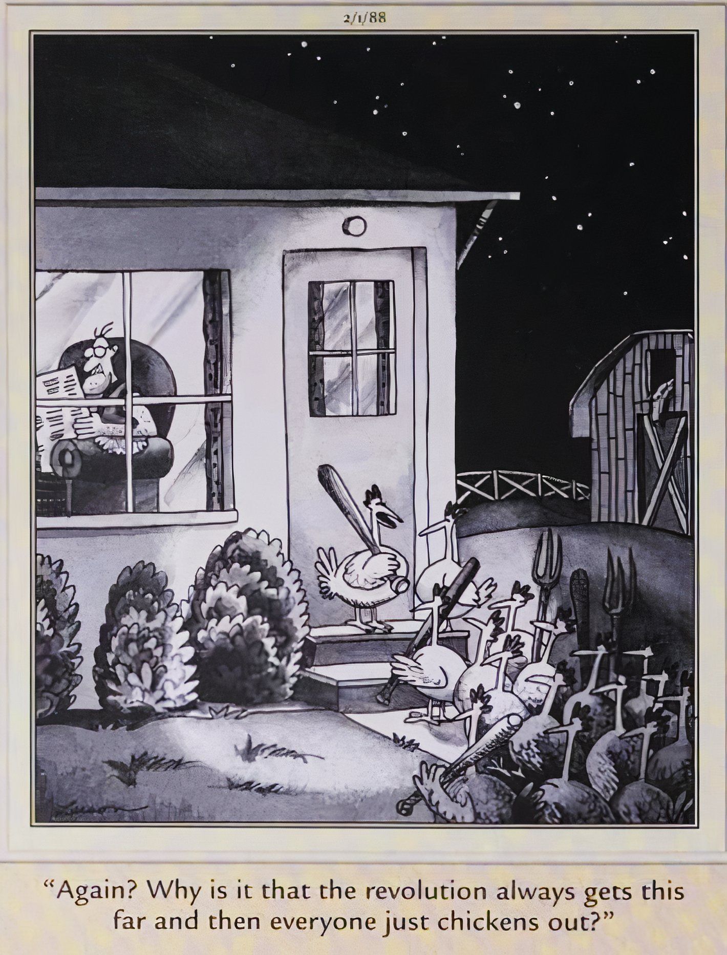 Far Side, February 1, 1988, a gang of chickens with baseball bats at a human's door