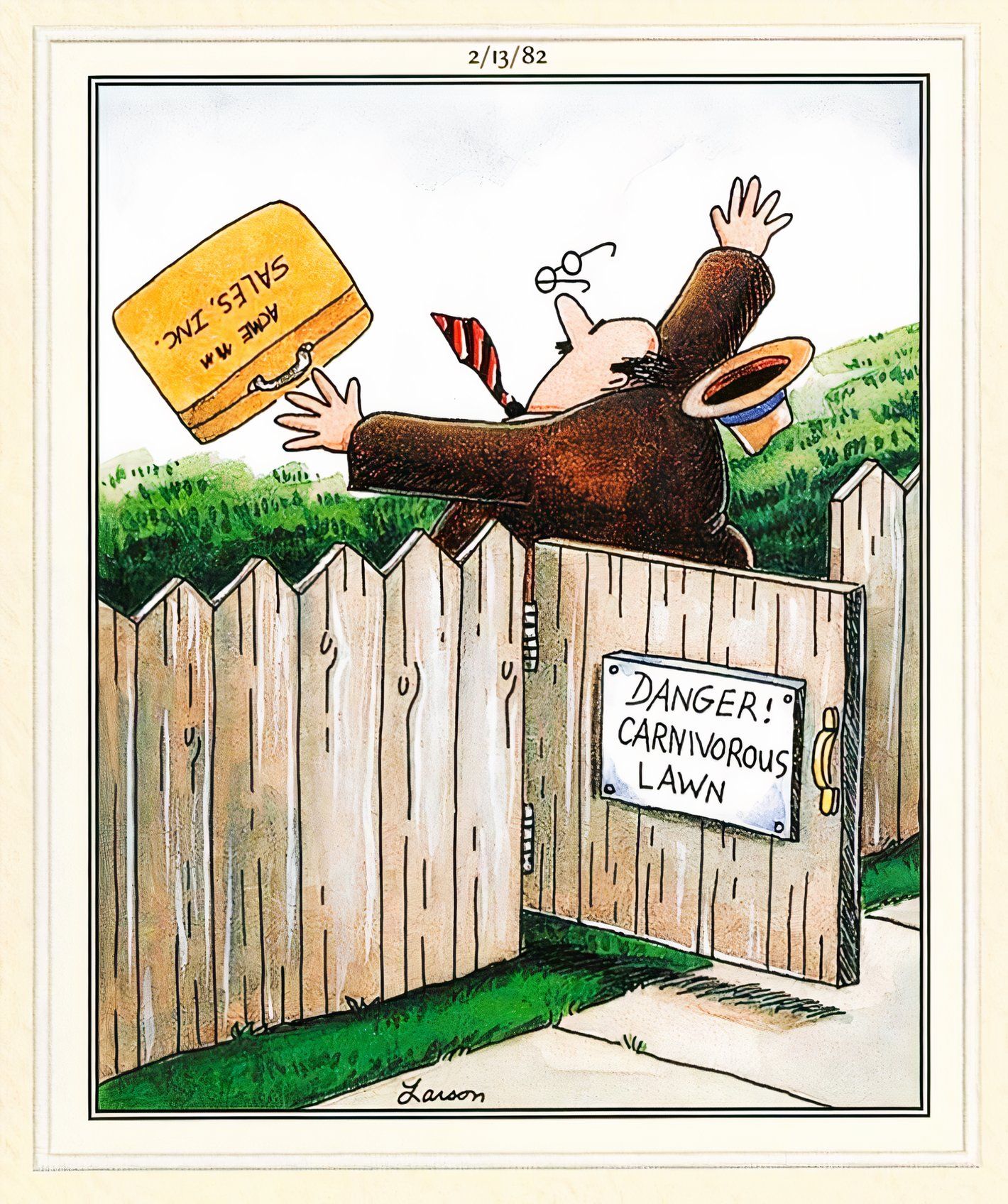 Far Side, February 13, 1982, an ACME traveling salesman is devoured by a carnivorous lawn