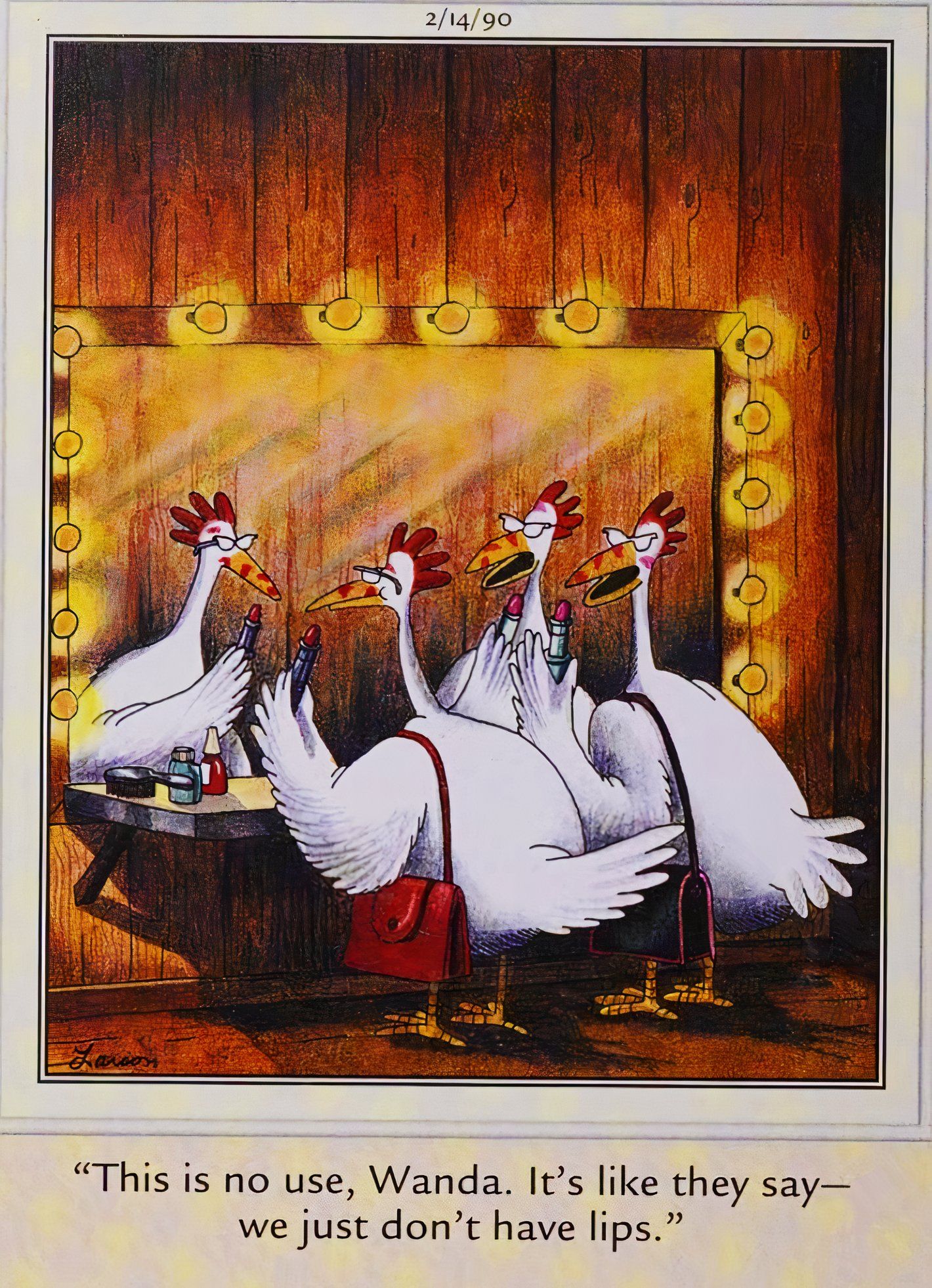 Far Side, February 14, 1990, chickens trying in vain to apply lipstick to their beaks