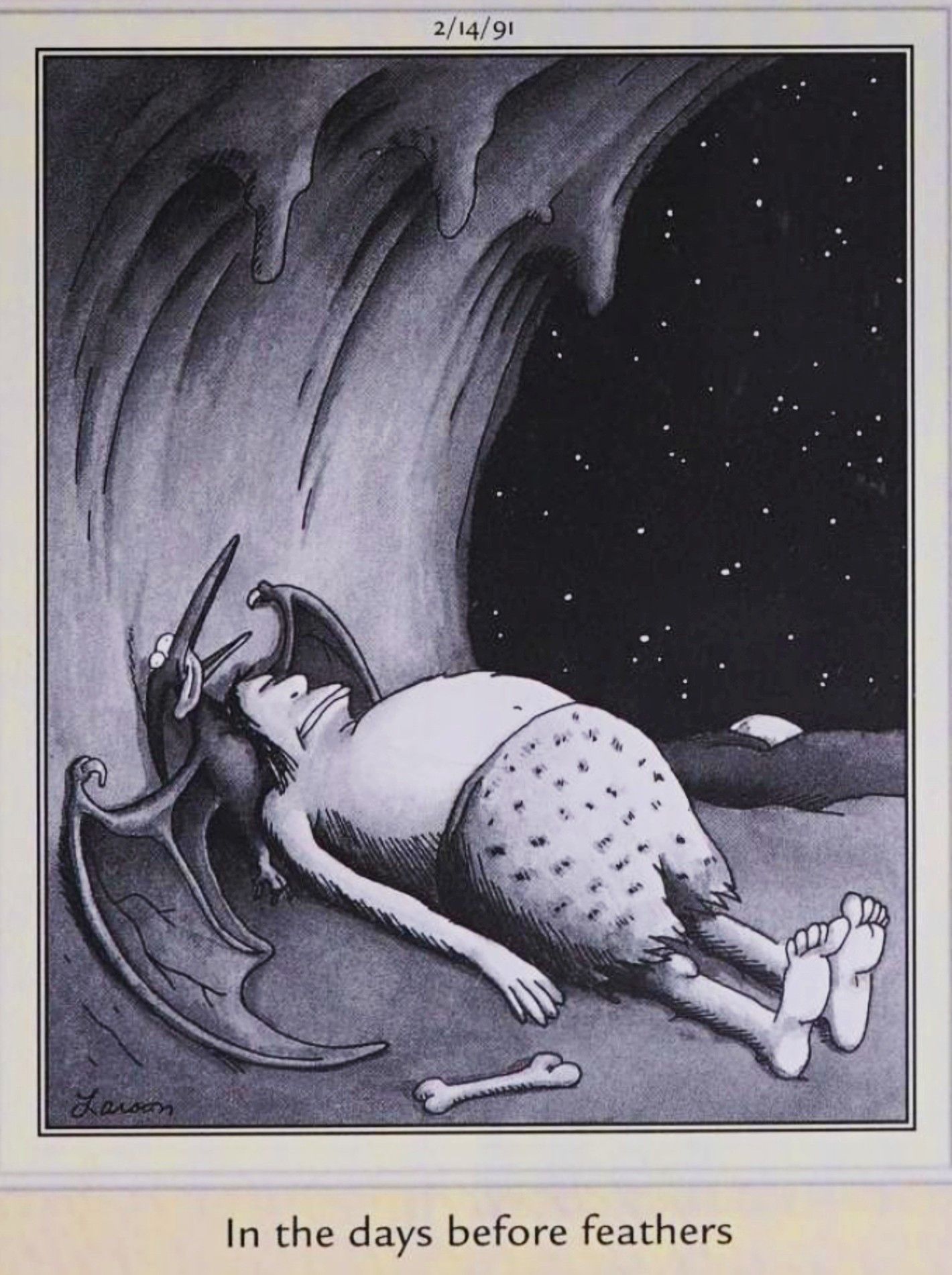 Far Side, February 14, 1991, a caveman uses a dead pterodactyl as a pillow