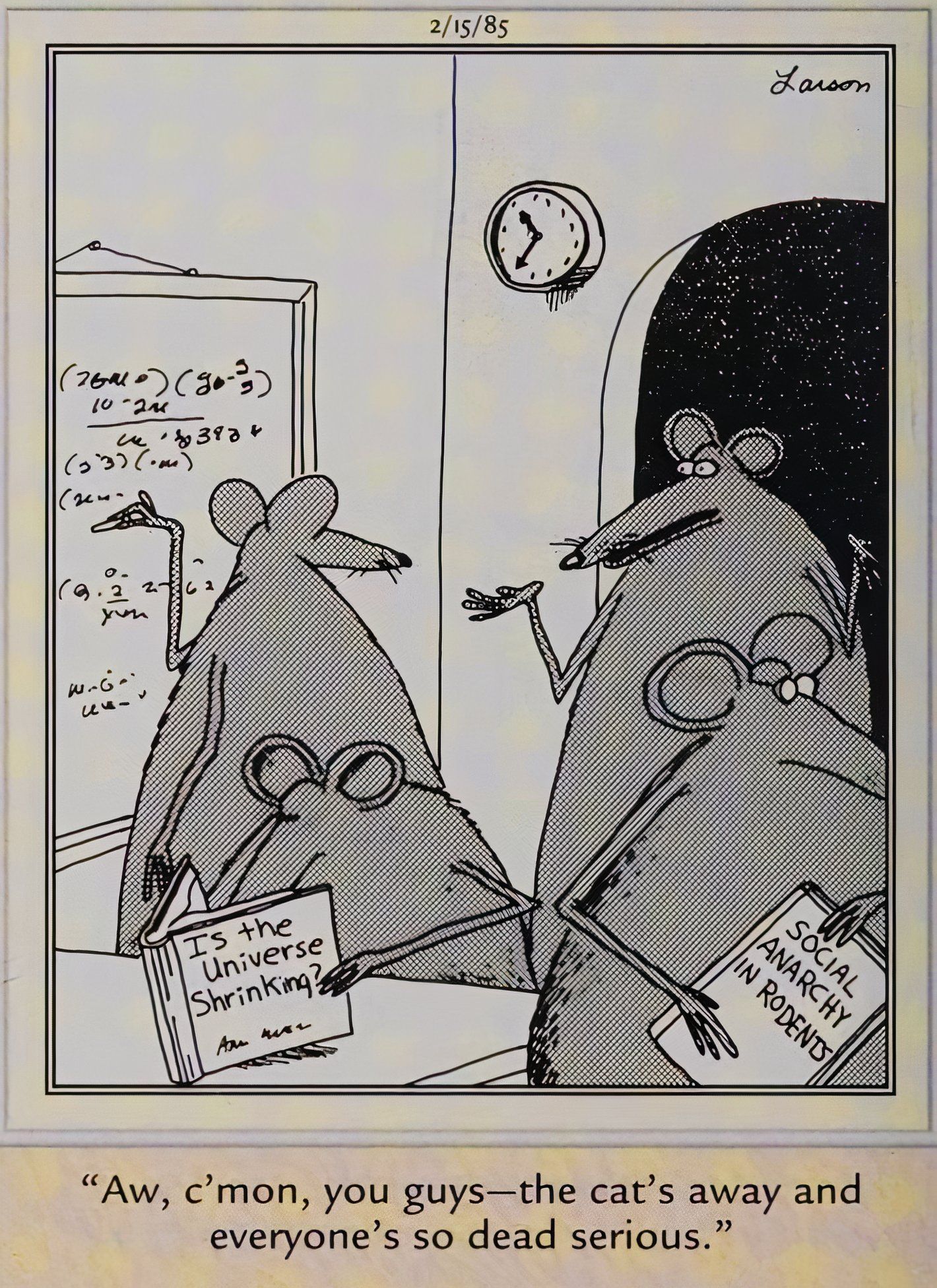 Far Side, 15 de fevereiro de 1985, ratos fazendo um trabalho sério enquanto o gato está fora