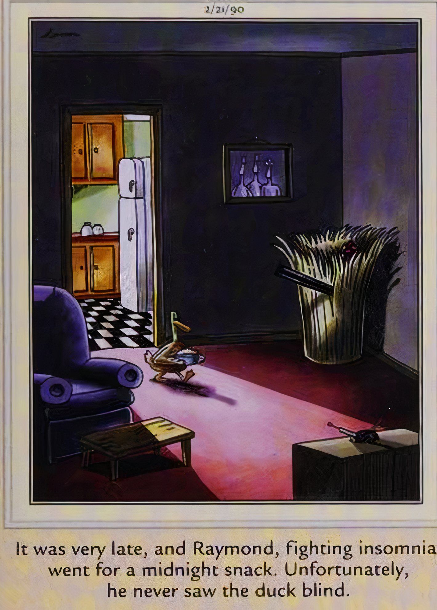 Far Side February 21, 1990, a duck getting a midnight snack is ambushed in its own home