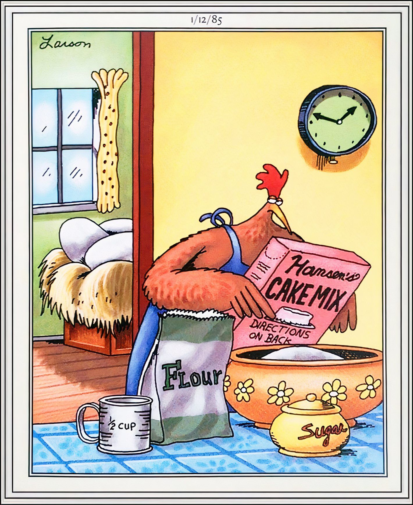 Far Side, January 12, 1985, a chicken readibg a recipe side eyes her eggs in the other room