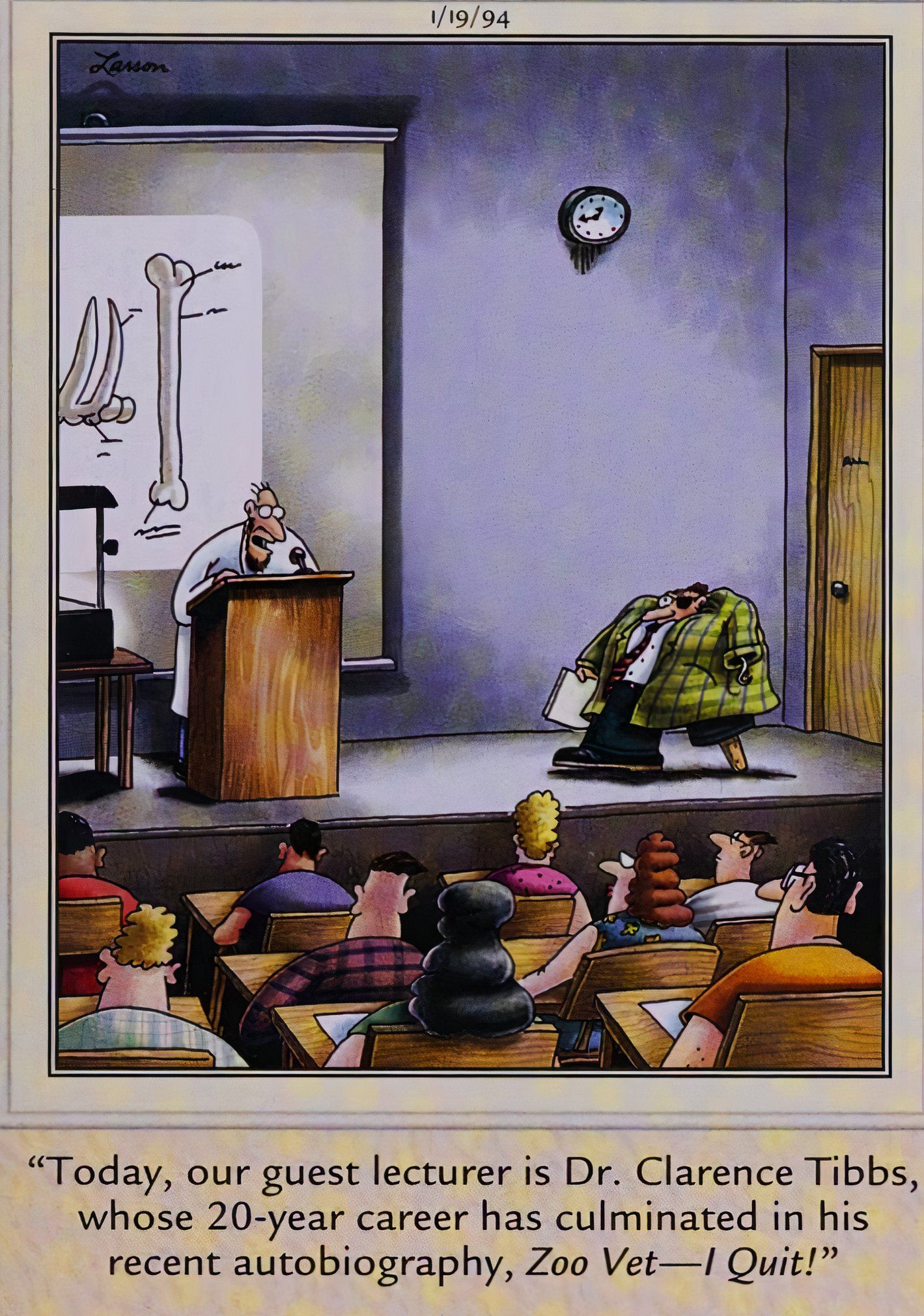 Far Side, 19 de enero de 1994, un ex médico del zoológico con múltiples heridas sobre su libro 