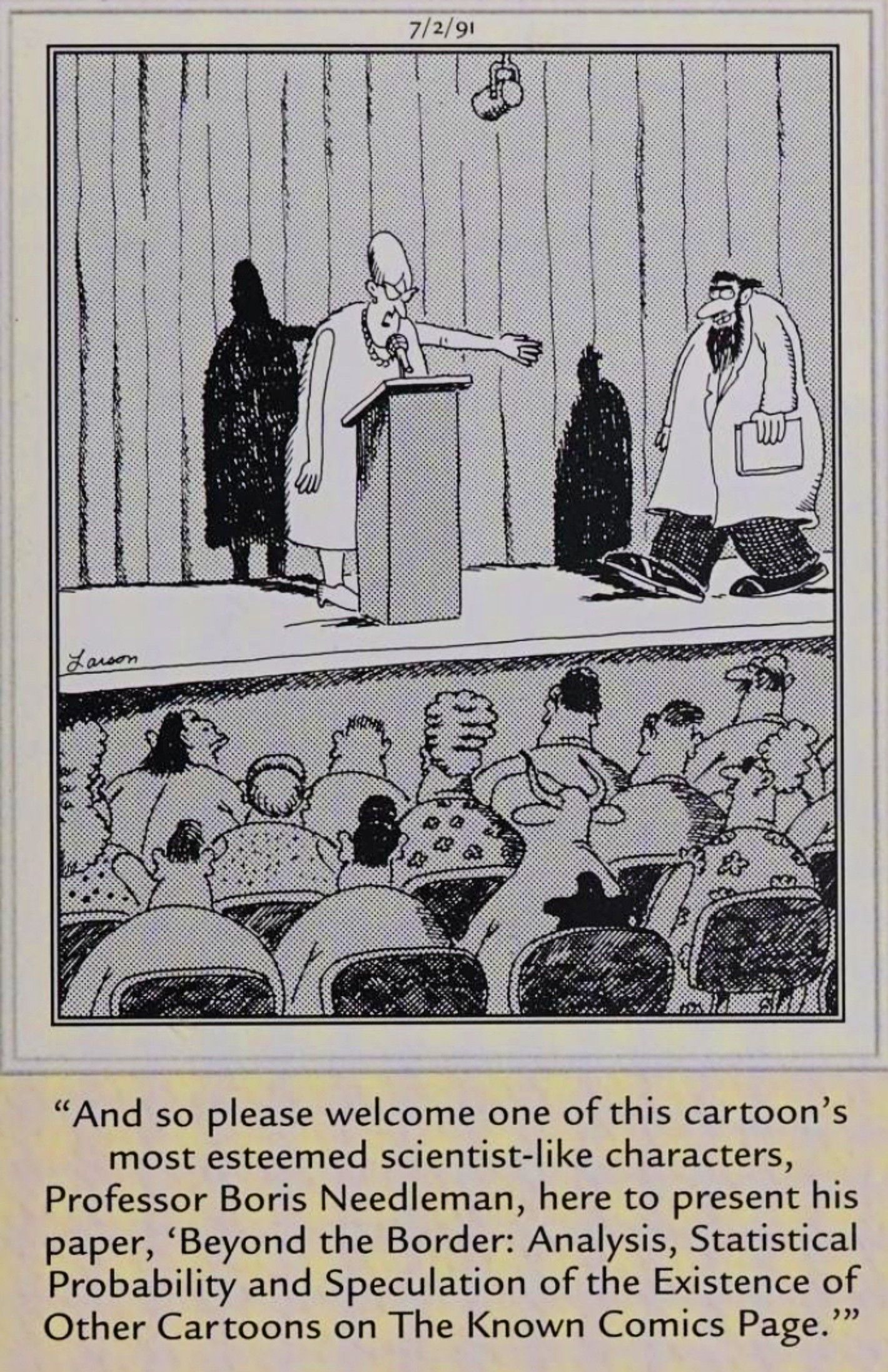 Far Side, July 2, 1991, a fourth-wall breaking character gives a lecture on other comics