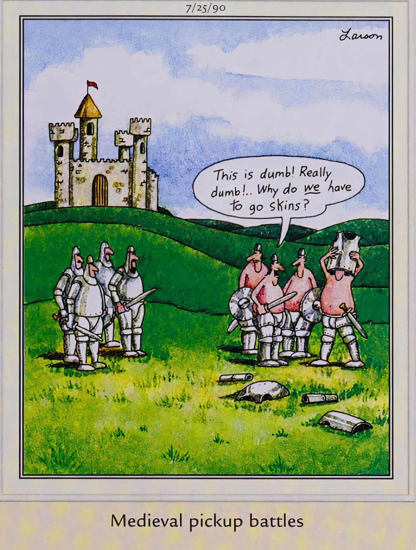 Far Side, July 25, 1990, medieval knights have a shirts-vs-skins battle