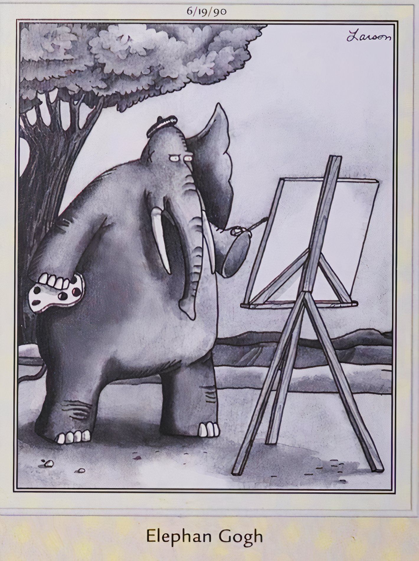 Far Side, June 19, 1990, panel featuring Elephan Gogh, a painting pacyderm