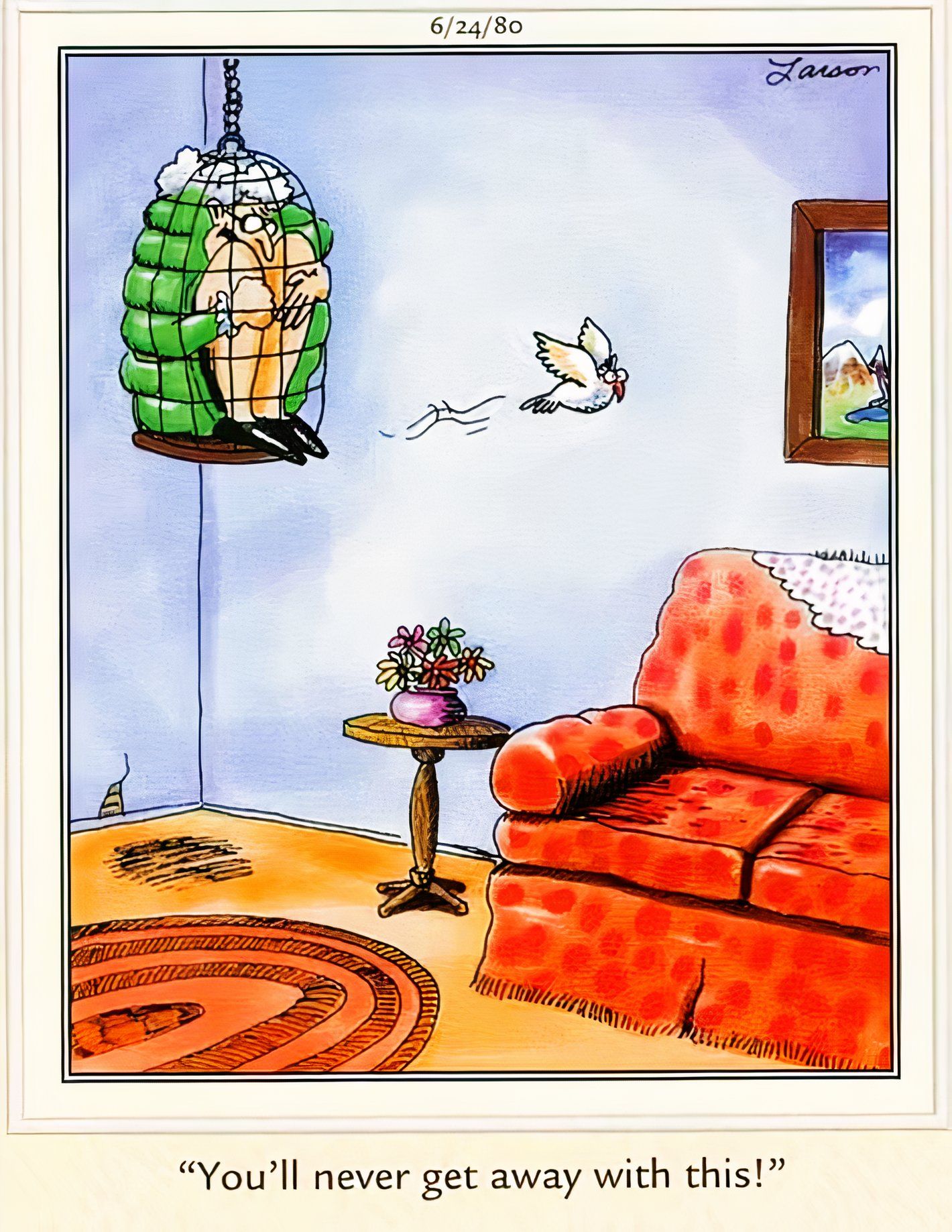 Far Side, June 24, 1980, a bird flies free after stuffing its owner into its too-small cage.