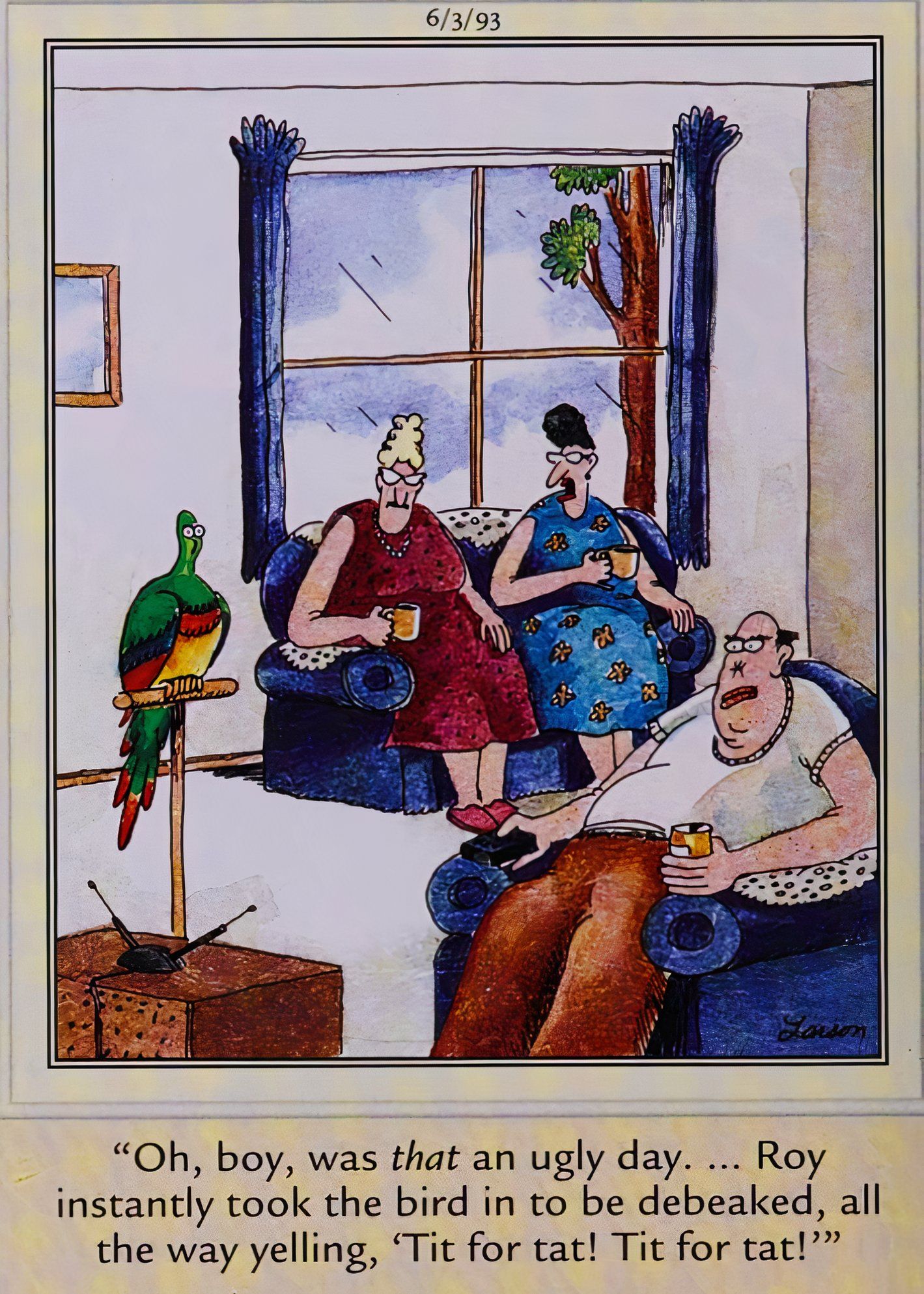 Far Side, 3 de junho de 1993, um homem sem o nariz olha com raiva para seu pássaro de estimação sem bico