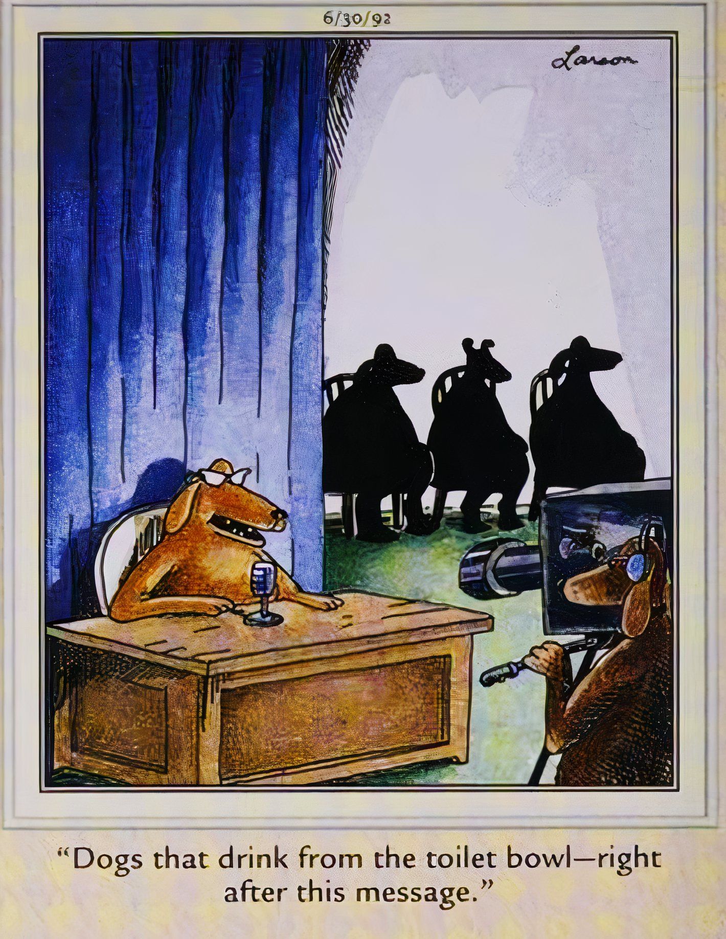 Far Side, June 30, 1992, a TV broadcast about 'dogs who drink from the toilet bowl'