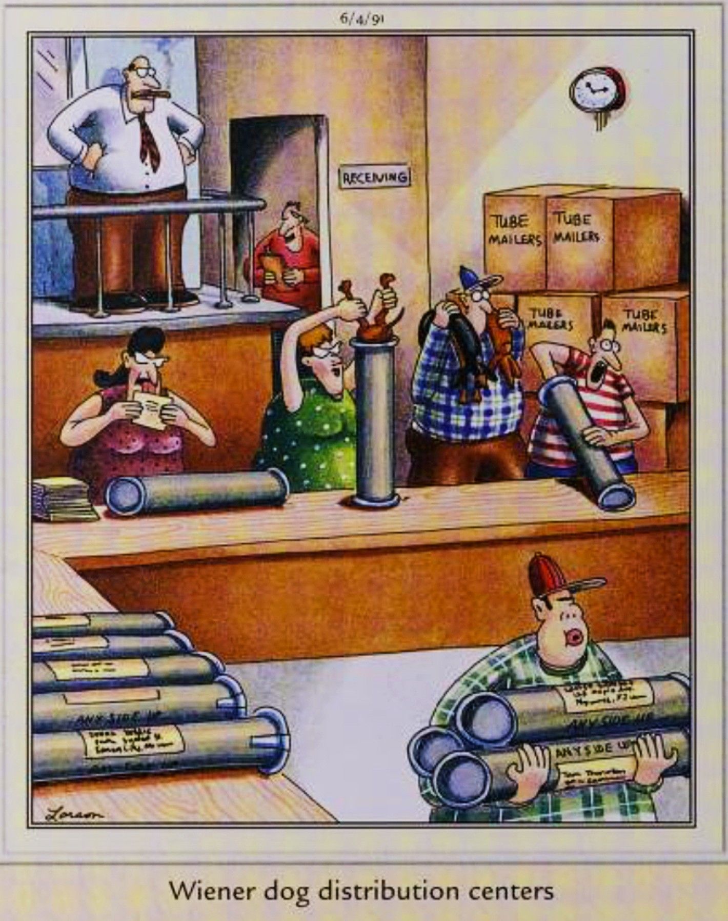 Far Side, June 4, 1991, workers stuffing dachshunds in long mailing tubes, at the 'weiner dog distribution center'