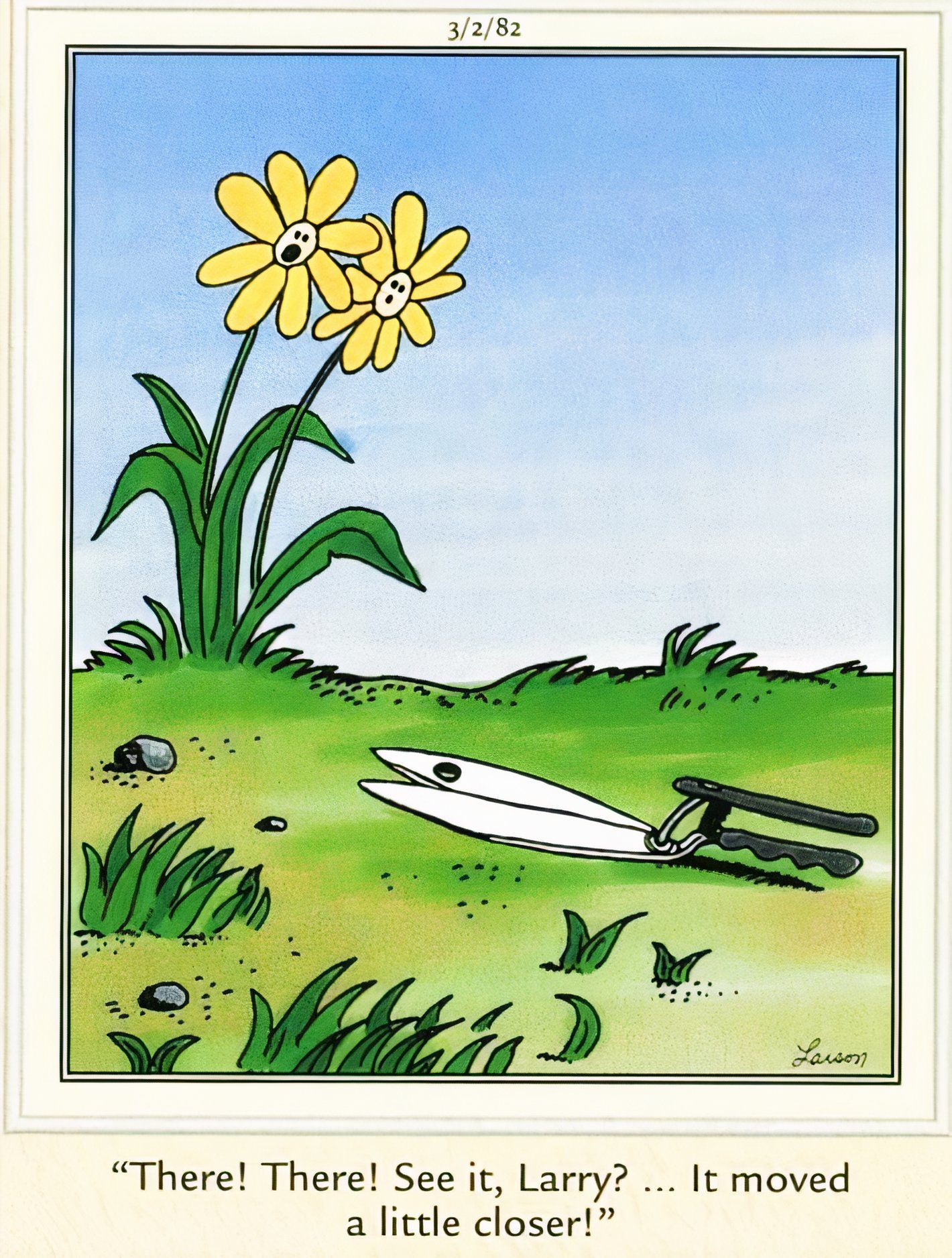 Far Side, March 2, 1982, two flowers look on in concern as a pair of scissors slowly crawls toward them