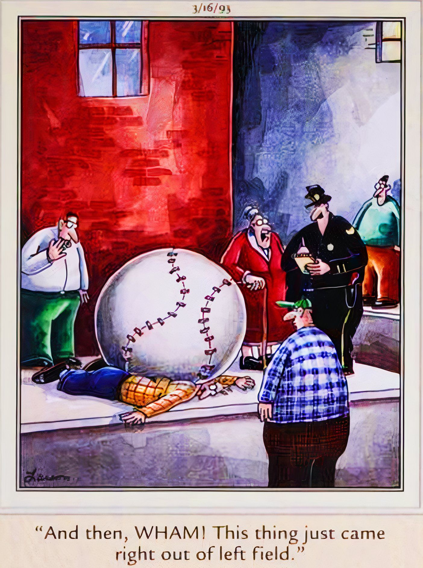 Far Side, 16 de março de 1993, um espectador explica como uma bola de beisebol gigante 'saiu do campo esquerdo' e esmagou um homem