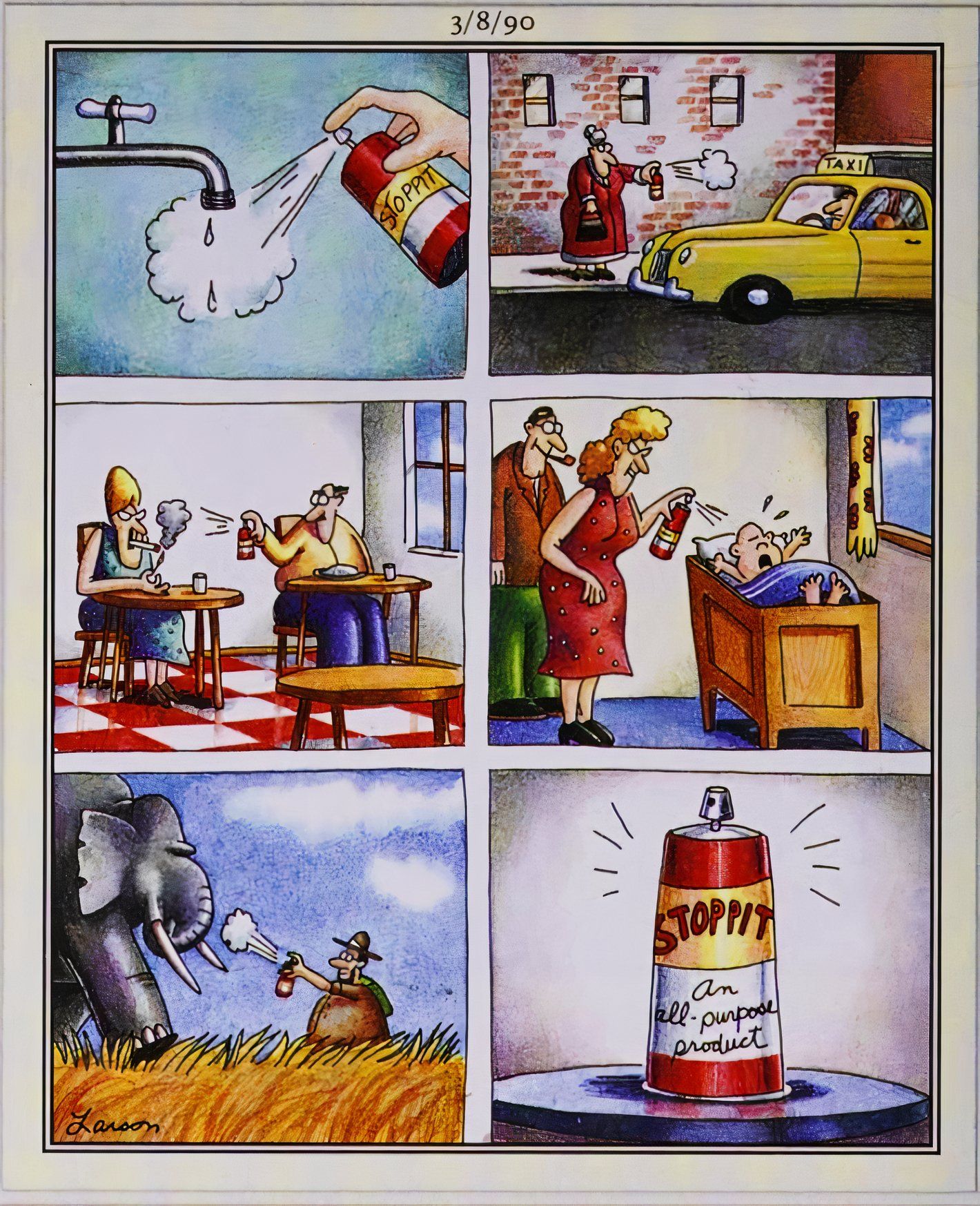 Far Side, March 8, 1990, a sequence of panels featuring STOPPIT all-purpose spray