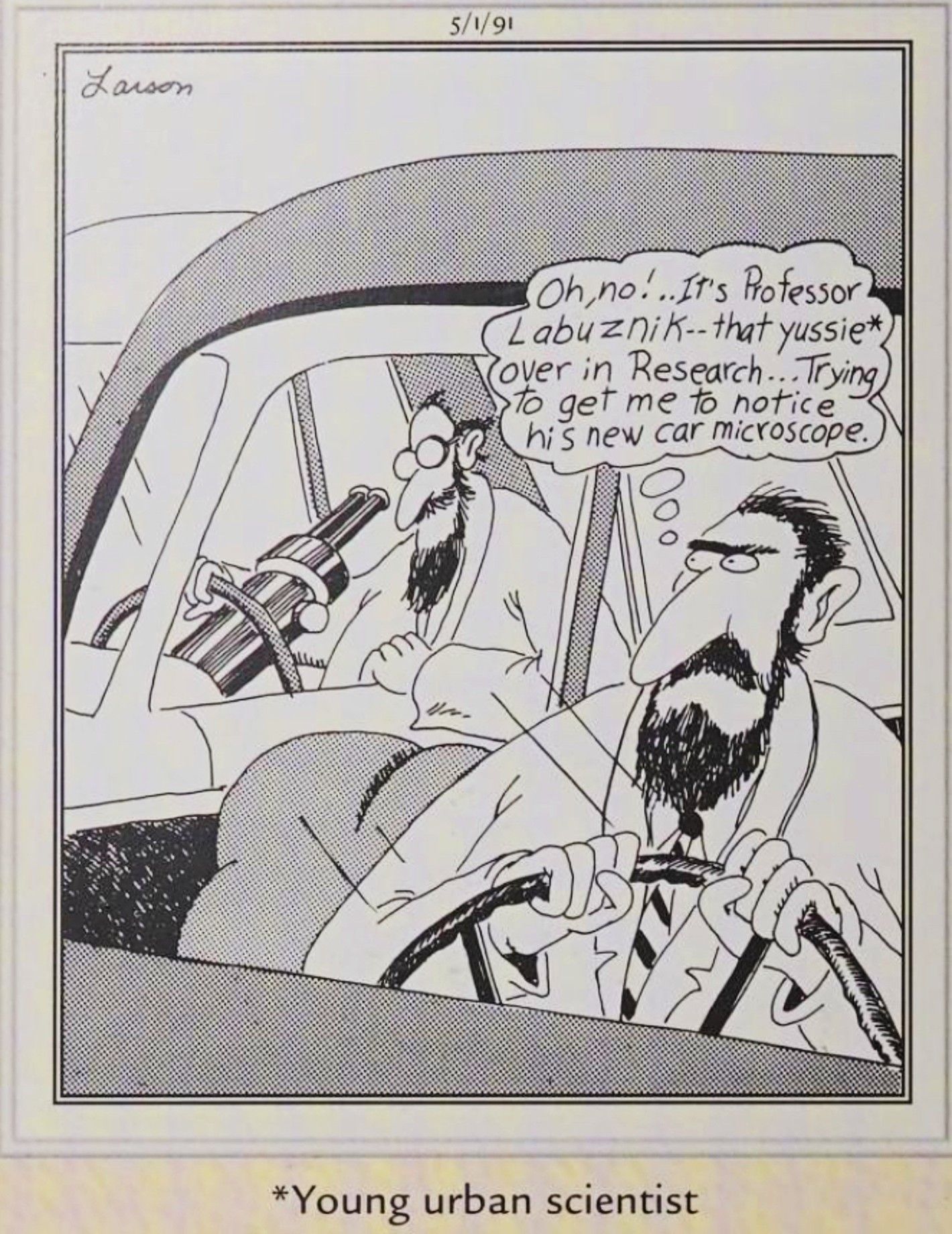 Far Side, May 1, 1991, an older scientist is unimpressed by a young scientist's new microscope