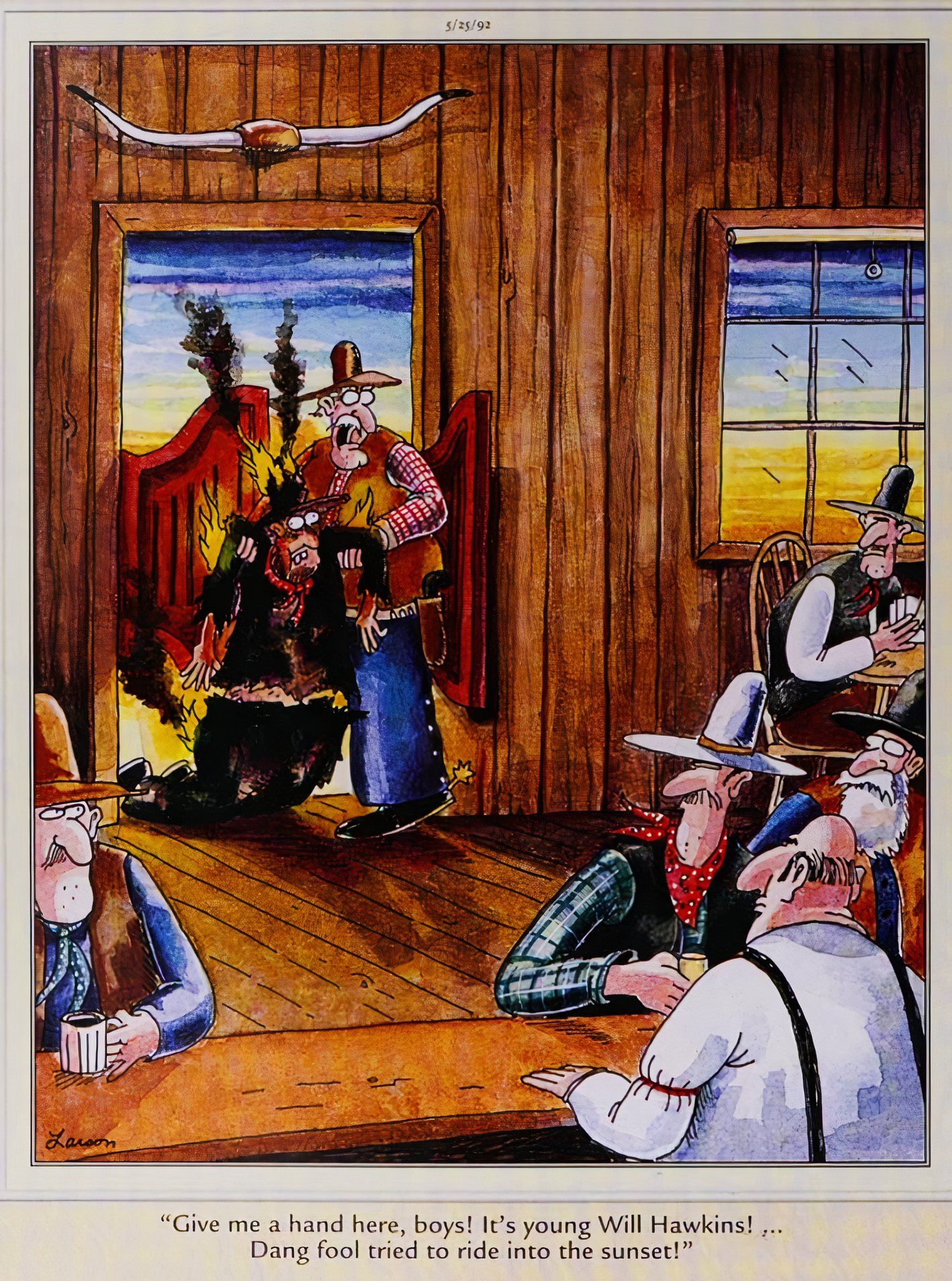 Far Side, 25 de maio de 1992, um cowboy que tentou cavalgar até o pôr do sol é carregado para um bar, queimado até ficar crocante