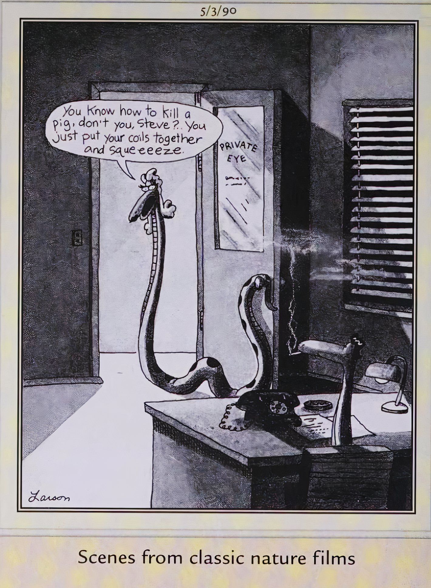 Far Side, May 3, 1990, a female snake seductively tells a male snake how to kill a pig