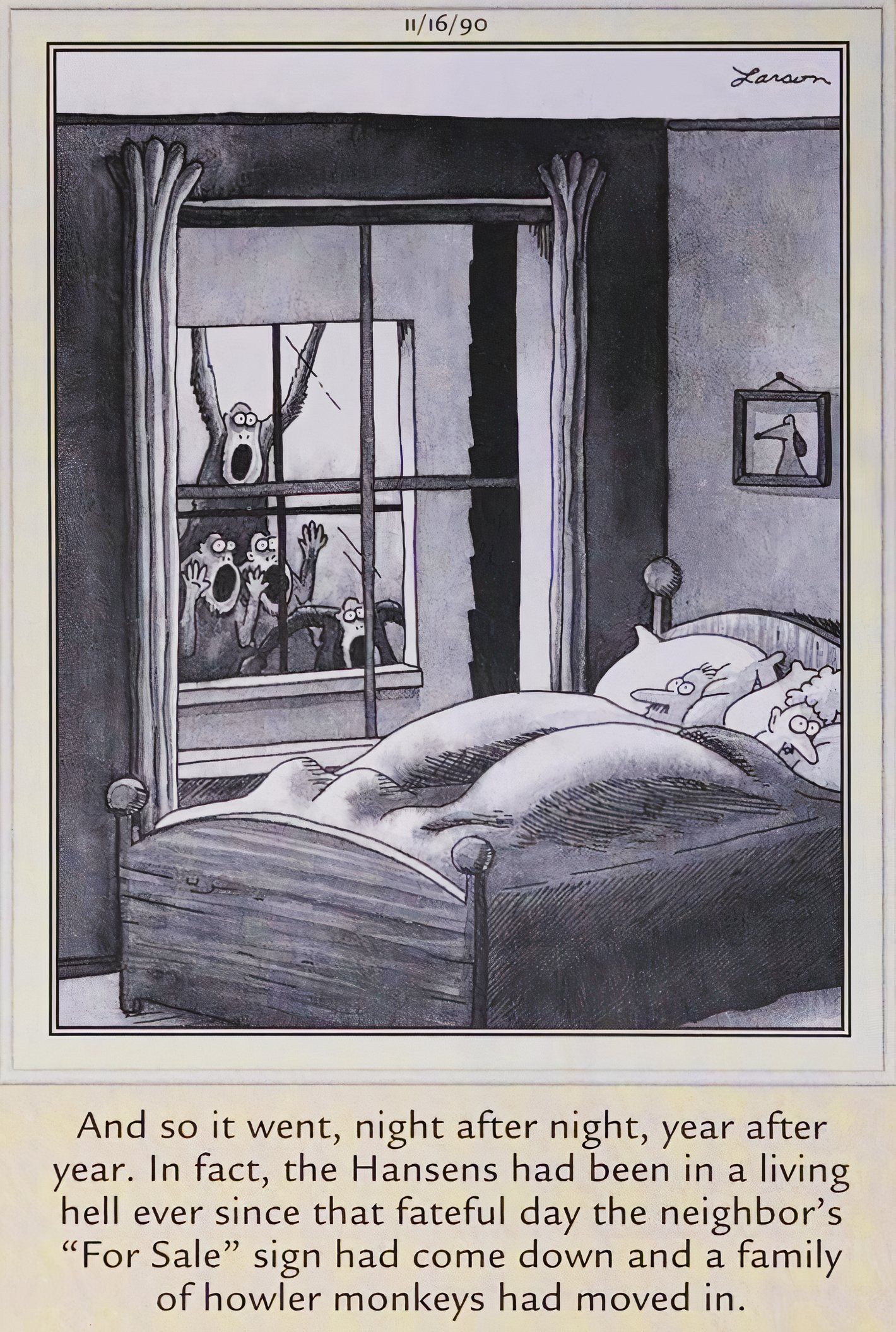 Far Side, November 16, 1990, human couple kept awake by howler monkeys next door