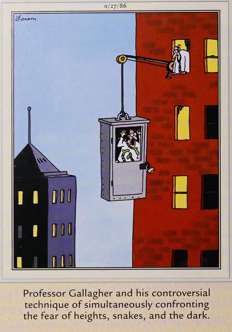 Far Side, November 27, 1986, depicting an experimental procedure for treating multiple phobias