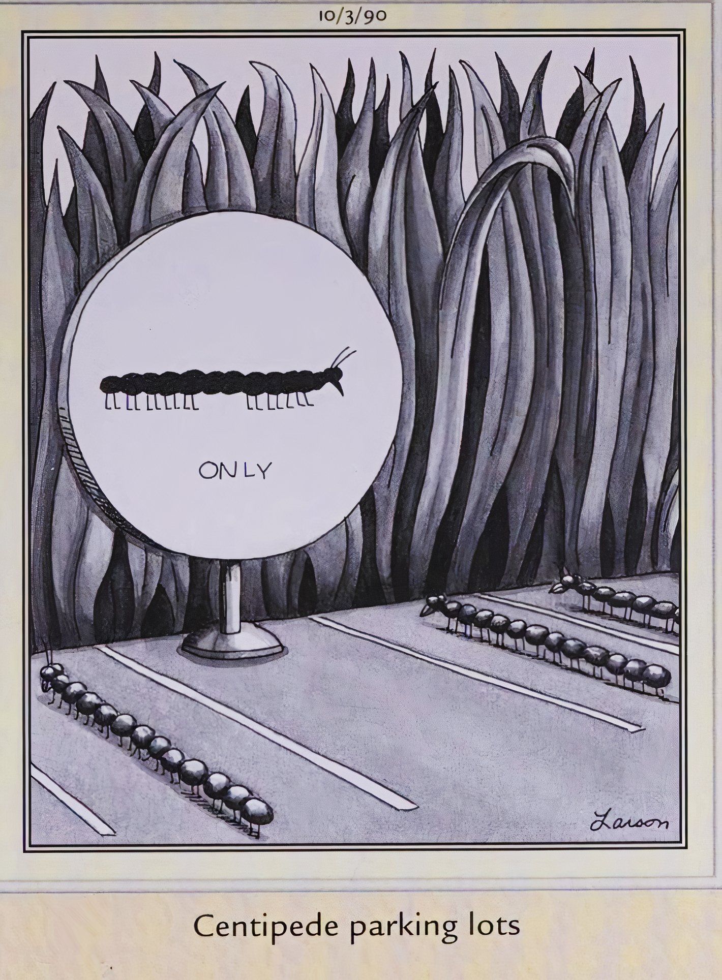 Far Side, October 3, 1990, panel captioned 'centipede parking lots'