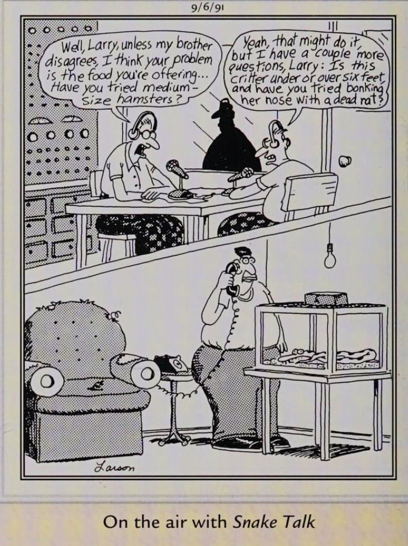 Far Side, September 6, 1991, split-image panel depicting a caller to the radio show Snake Talk