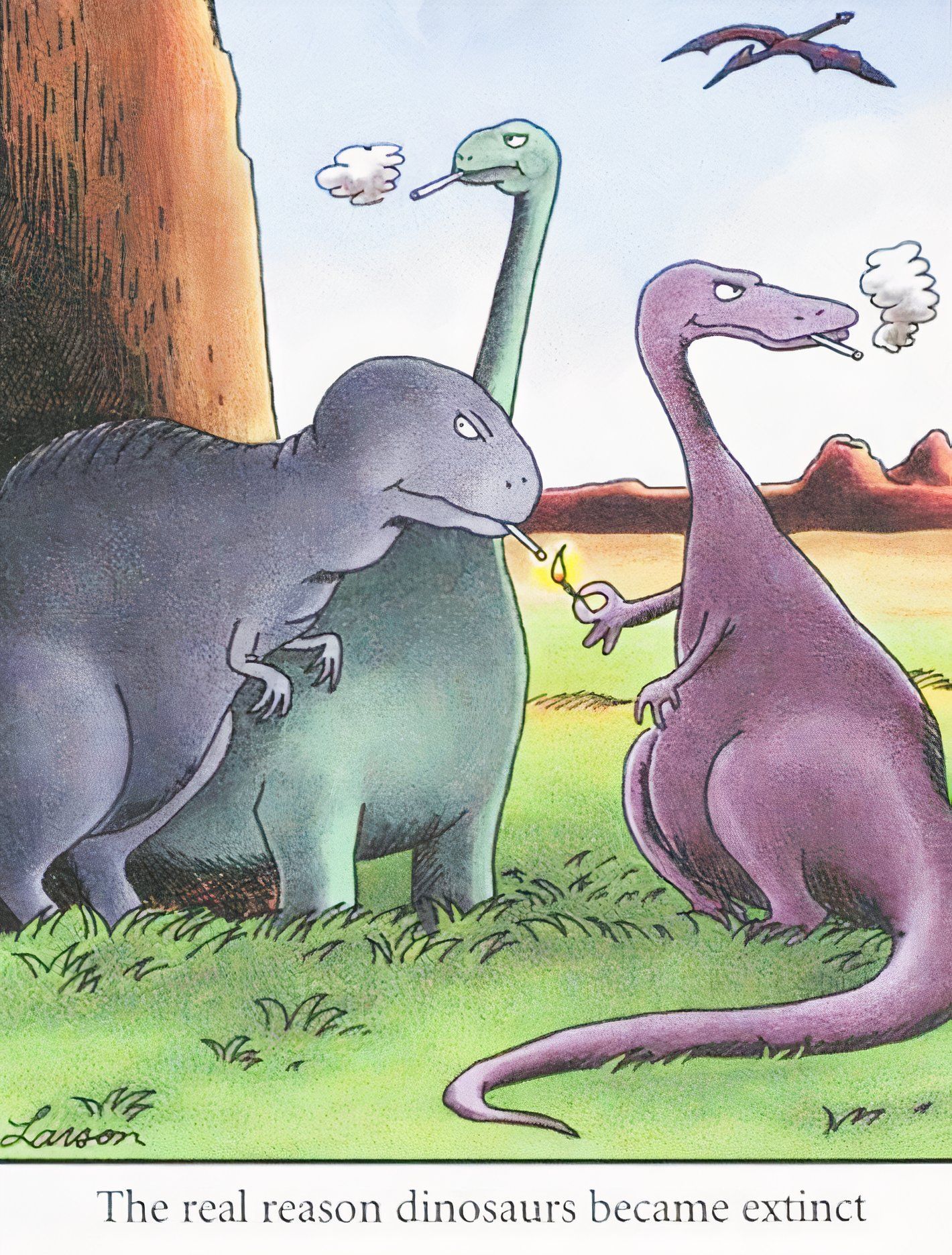 Far Side, smoking dinosaurs comic, colorized version