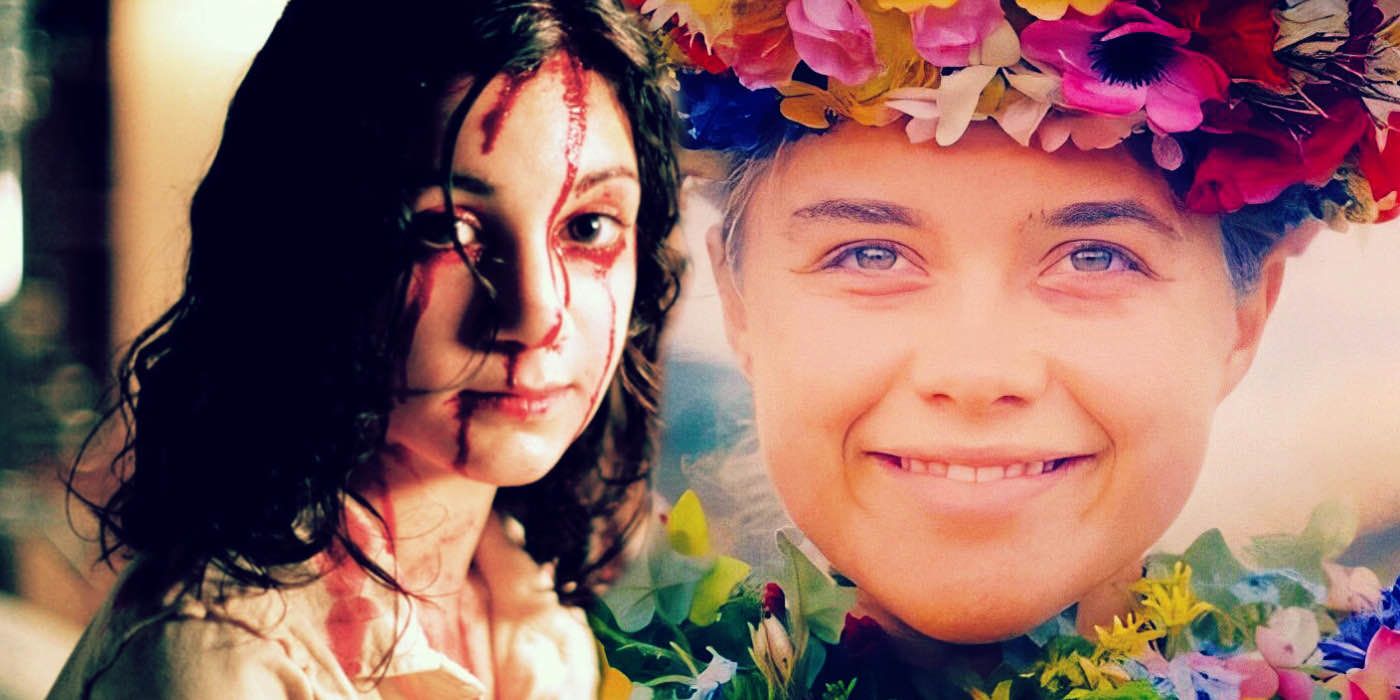 Eli from Let the Right One In looks into the camera while covered in blood. Next to her, Dani from Midsommar is covered in flowers, smiling.