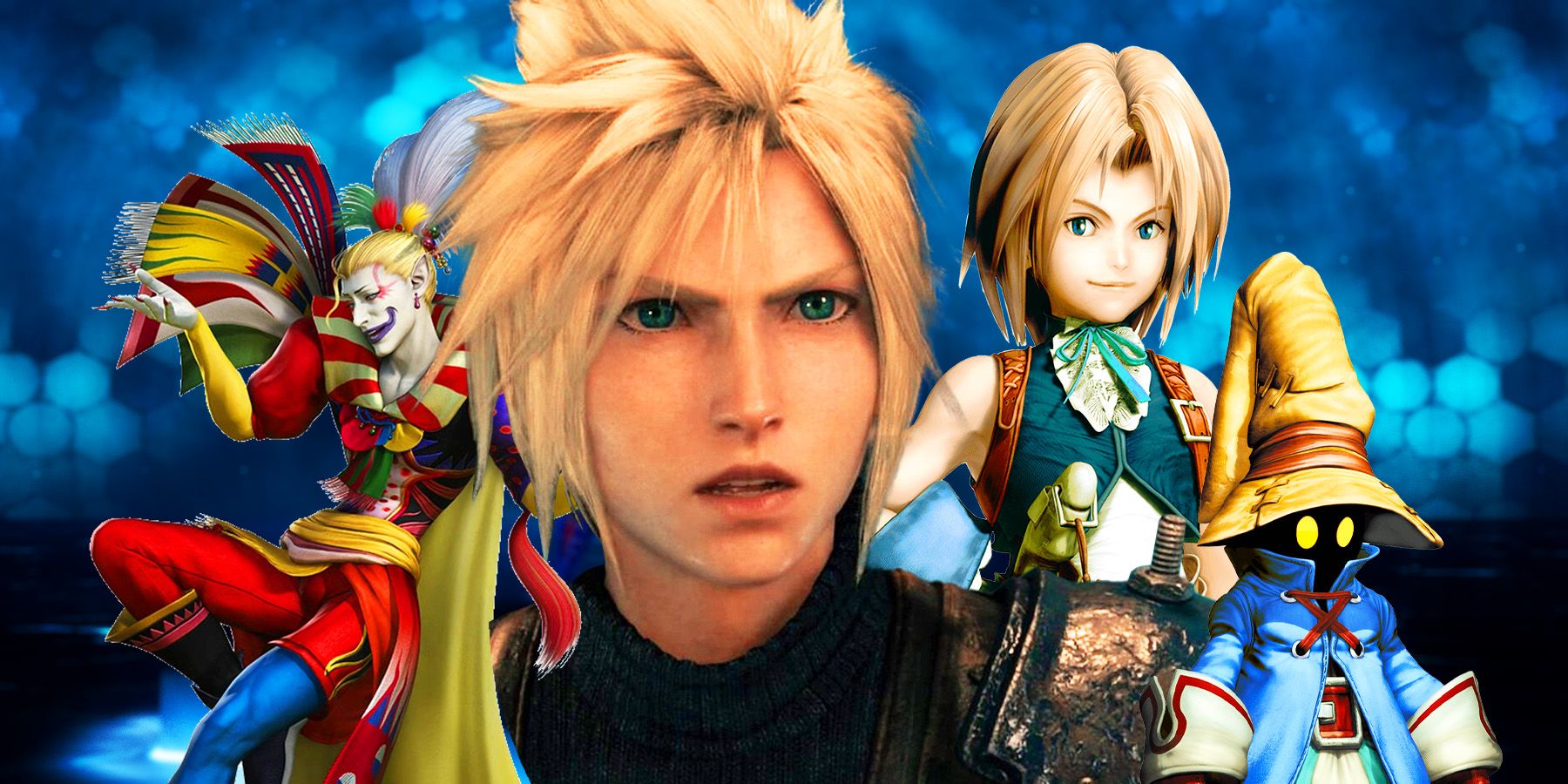 FF9 characters, Kefka from FF6, and Cloud from FF7 Remake looking shocked