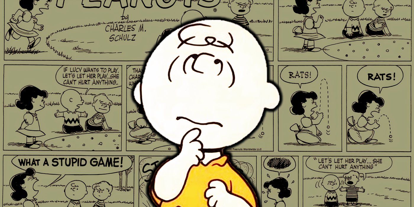 Charlie Brown looks up at his head, and there are Peanuts comic panels in the background.