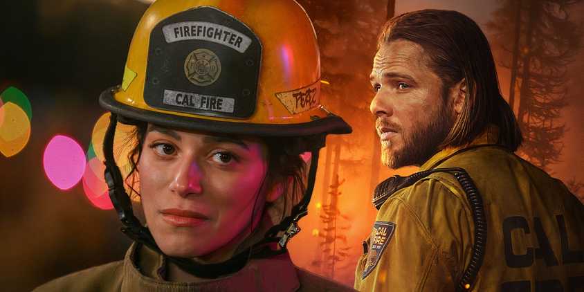 A composite image of Gabriela looking on in full firefighting gear in front of Bode looking over his shoulder in burning woods in Fire Country