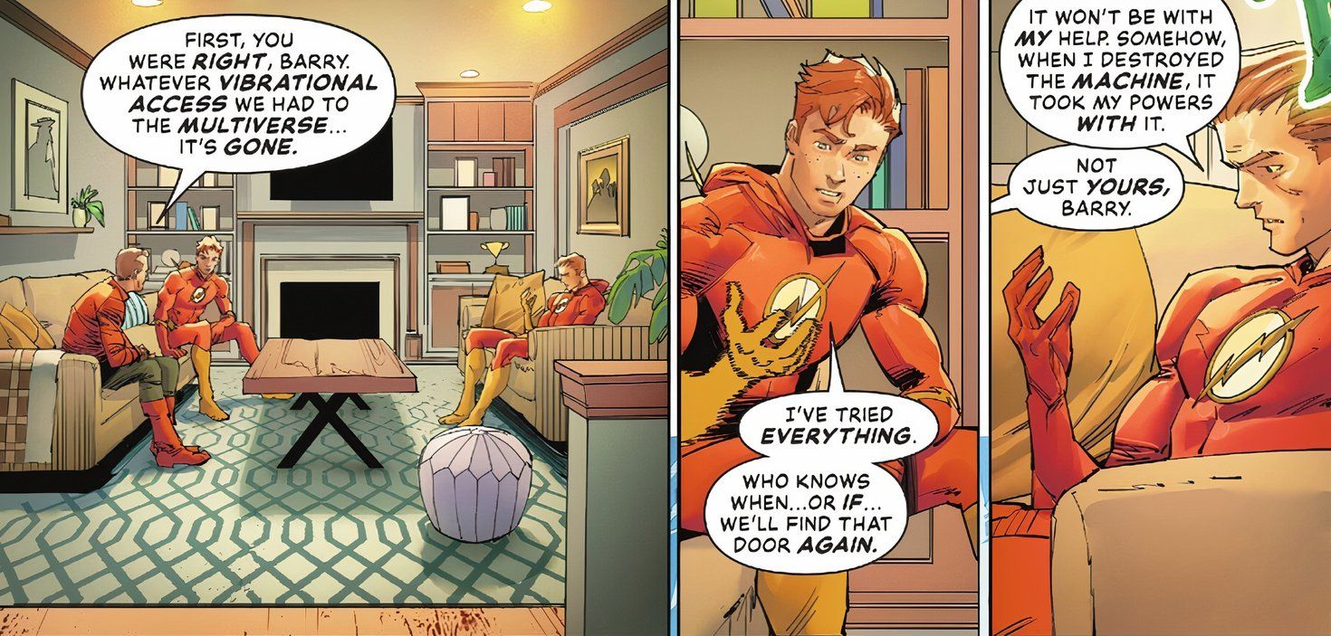 Os três Flashes discutem como seu acesso ao multiverso acabou, e Barry Allen revela que perdeu completamente seus poderes.