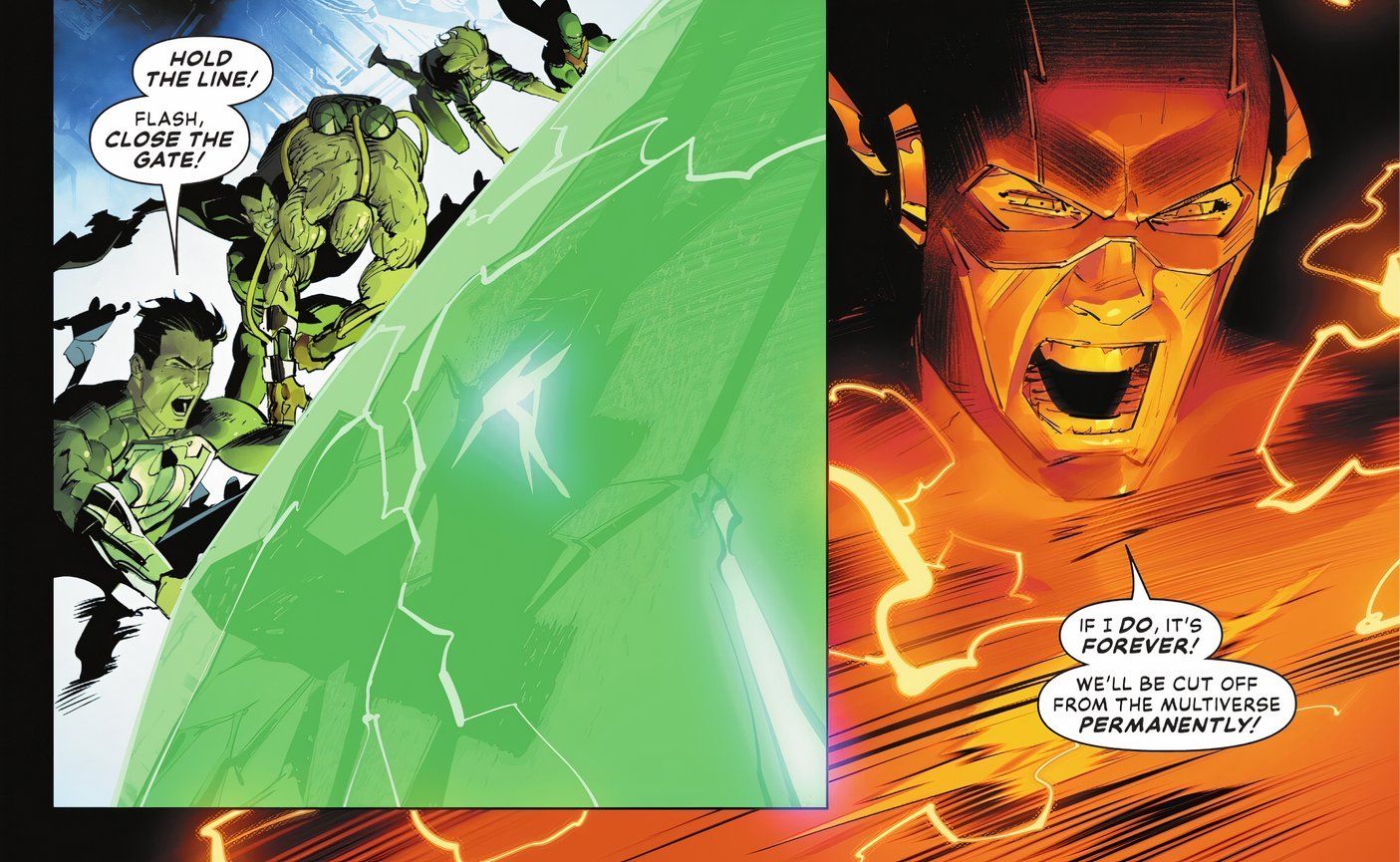 Comic book panels: the Flash disconnects Earth Prime from the Multiverse.