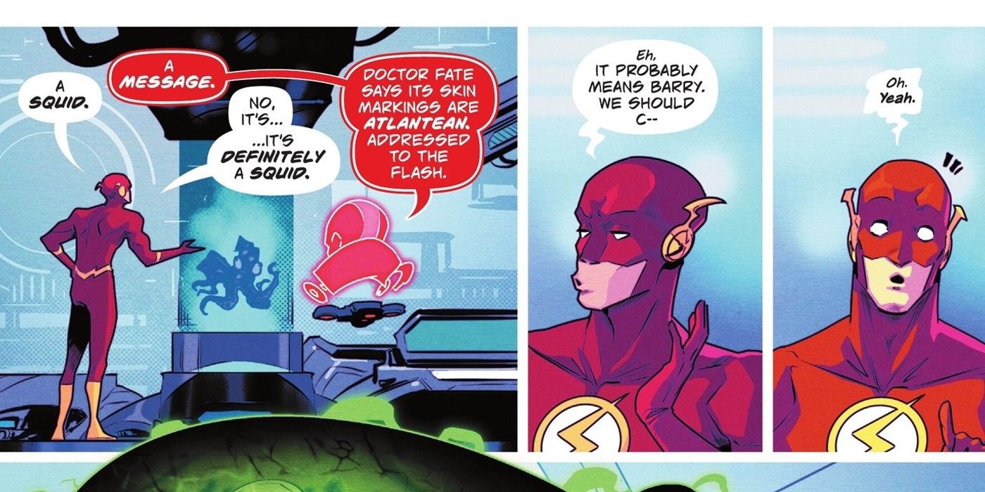 Painéis de quadrinhos: o Flash olha para uma criatura estranha e começa a presumir que é para Barry Allen, antes de lembrar que Barry está aposentado.