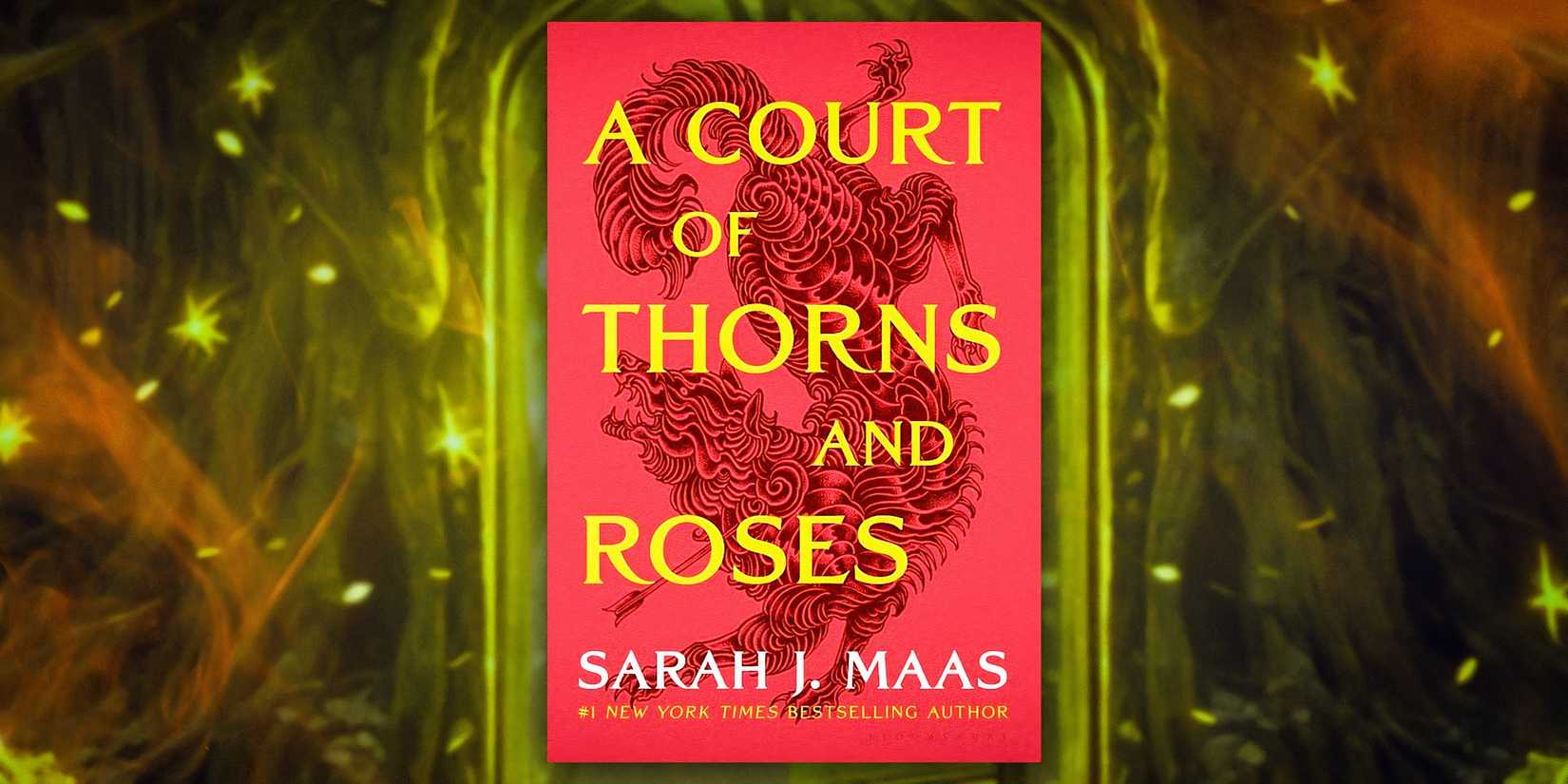 The cover of A Court of Thorns and Roses on a green background