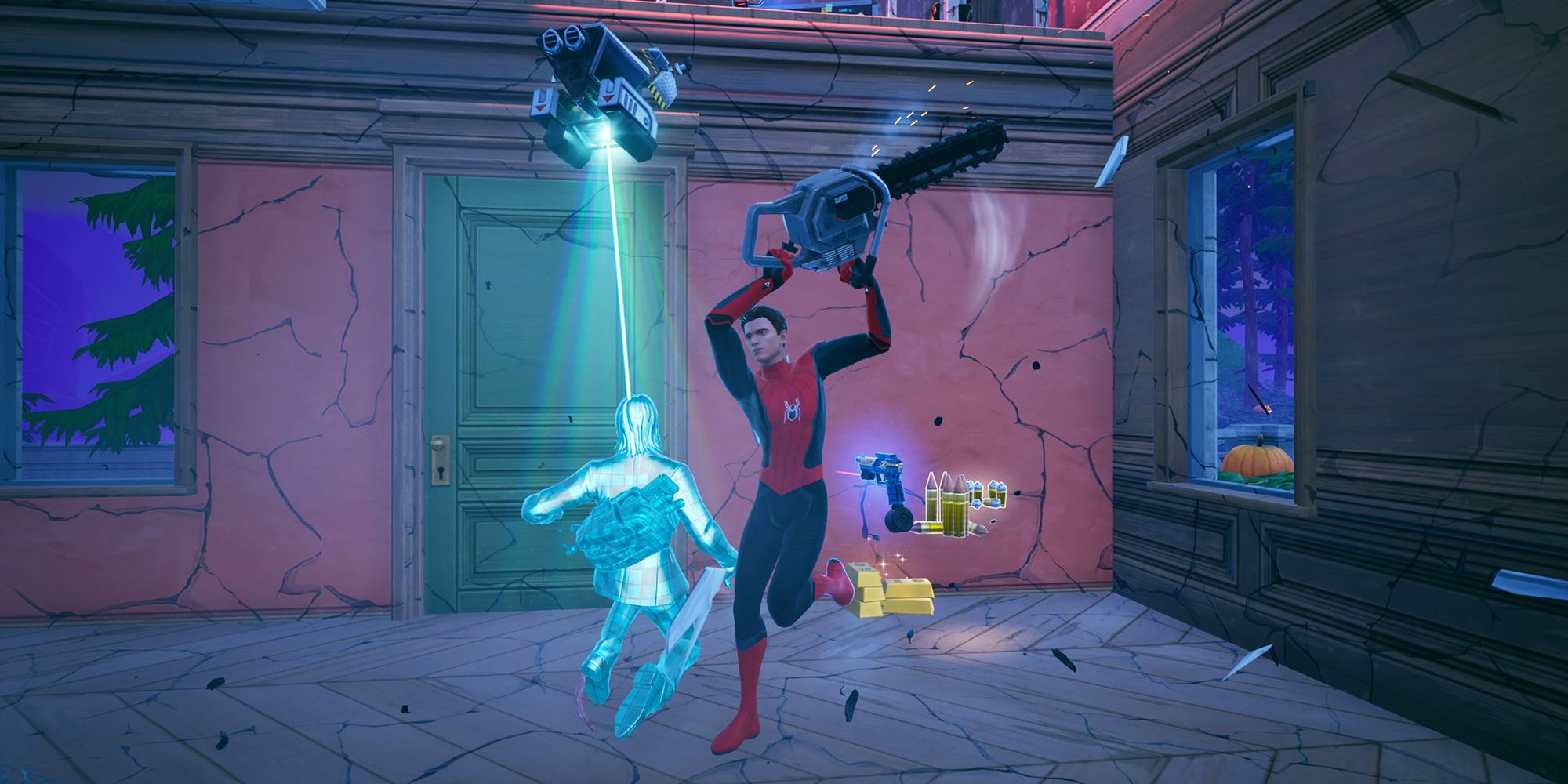 Homem-Aranha eliminando um oponente com a motosserra em Fortnite