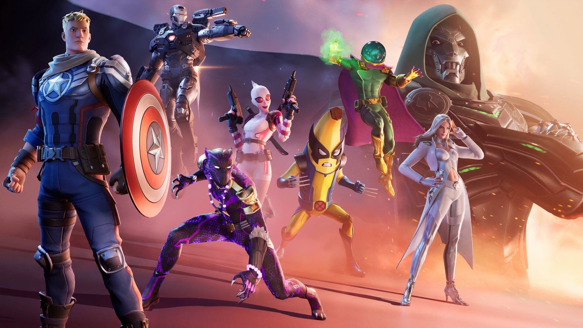 The Assemble Loading Screen from Fortnite Chapter 5 Season 4 featuring the Battle Pass skins: Captain Jones, War Machine, Shuri, Gwenpool, Peelverine, Mysterio, Emma Frost, and Doctor Doom