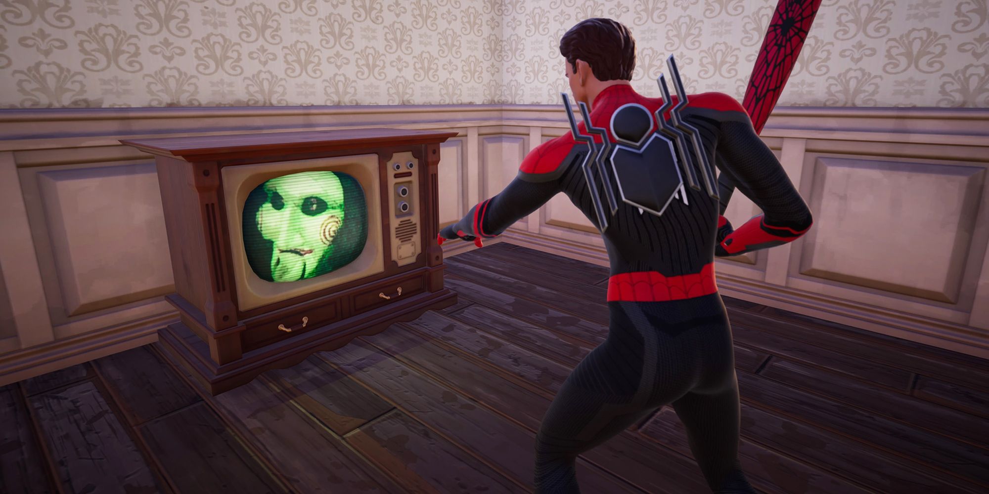 Homem-Aranha assistindo Billy the Puppet aparecer em um aparelho de TV retrô